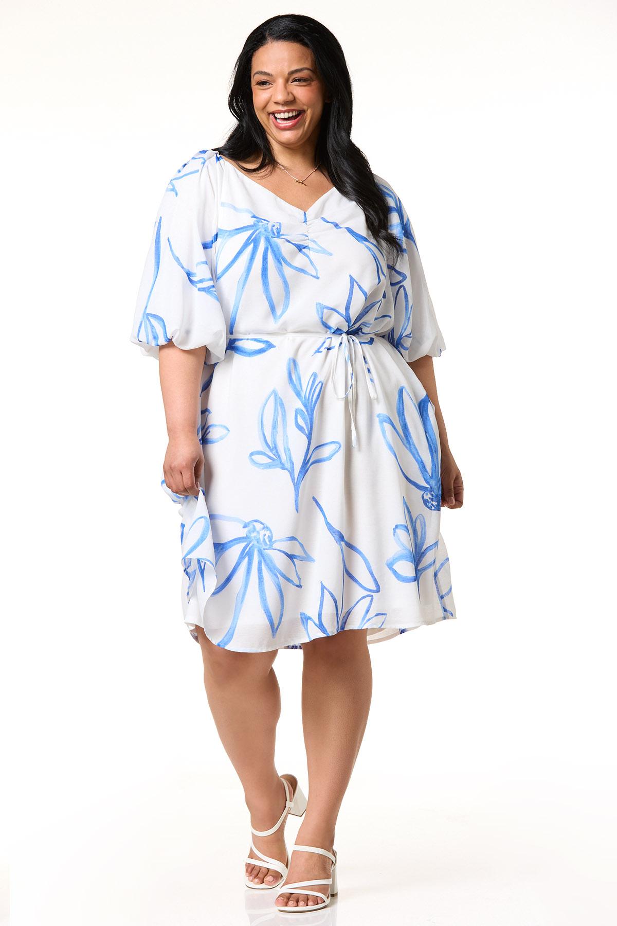 Plus Size Blue Floral Balloon Sleeve Dress