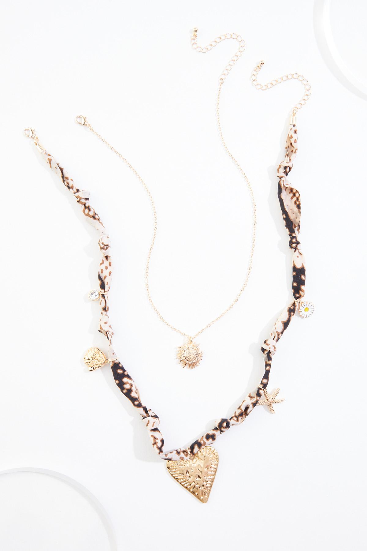 Gold Heart Fabric Chain Layered Charm Necklace