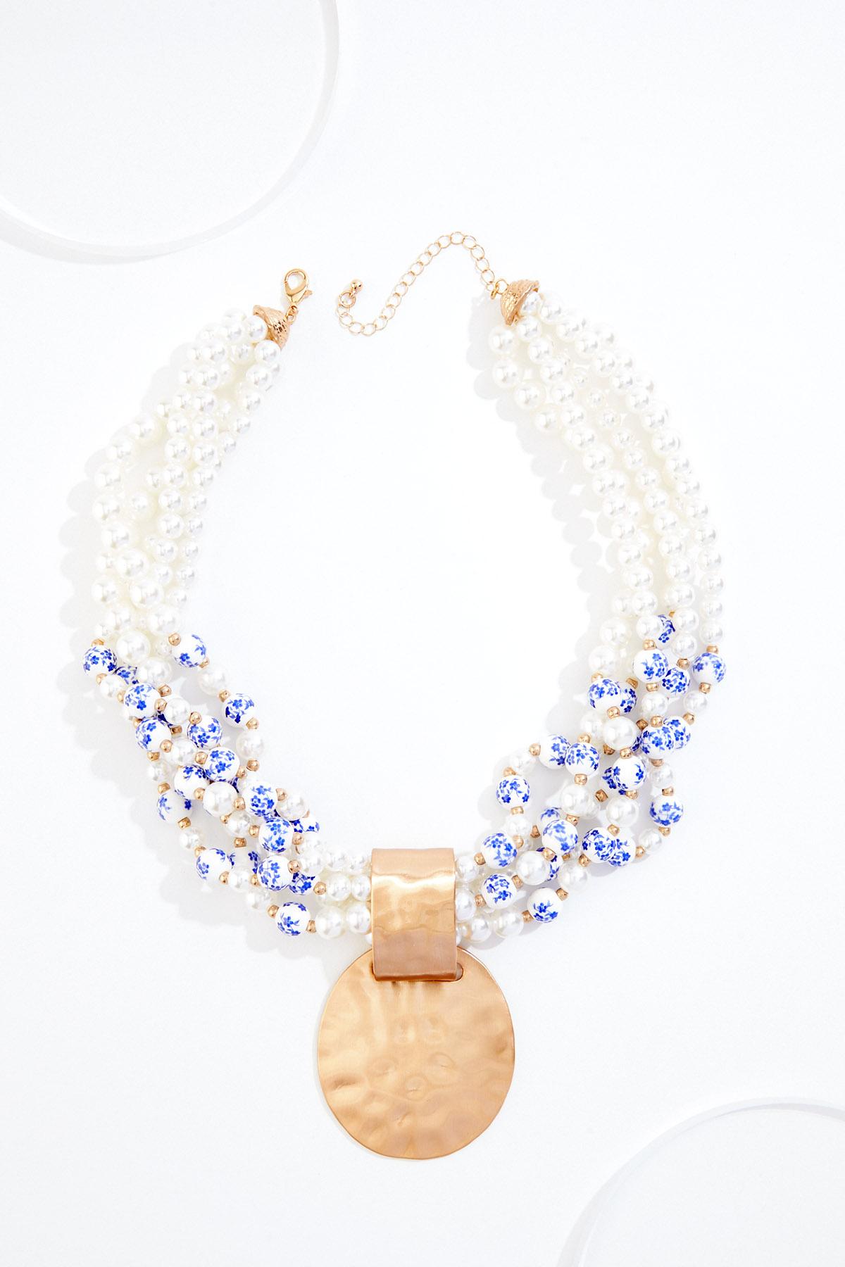 Pearl Ceramic Beaded Gold Pendant Statement Necklace