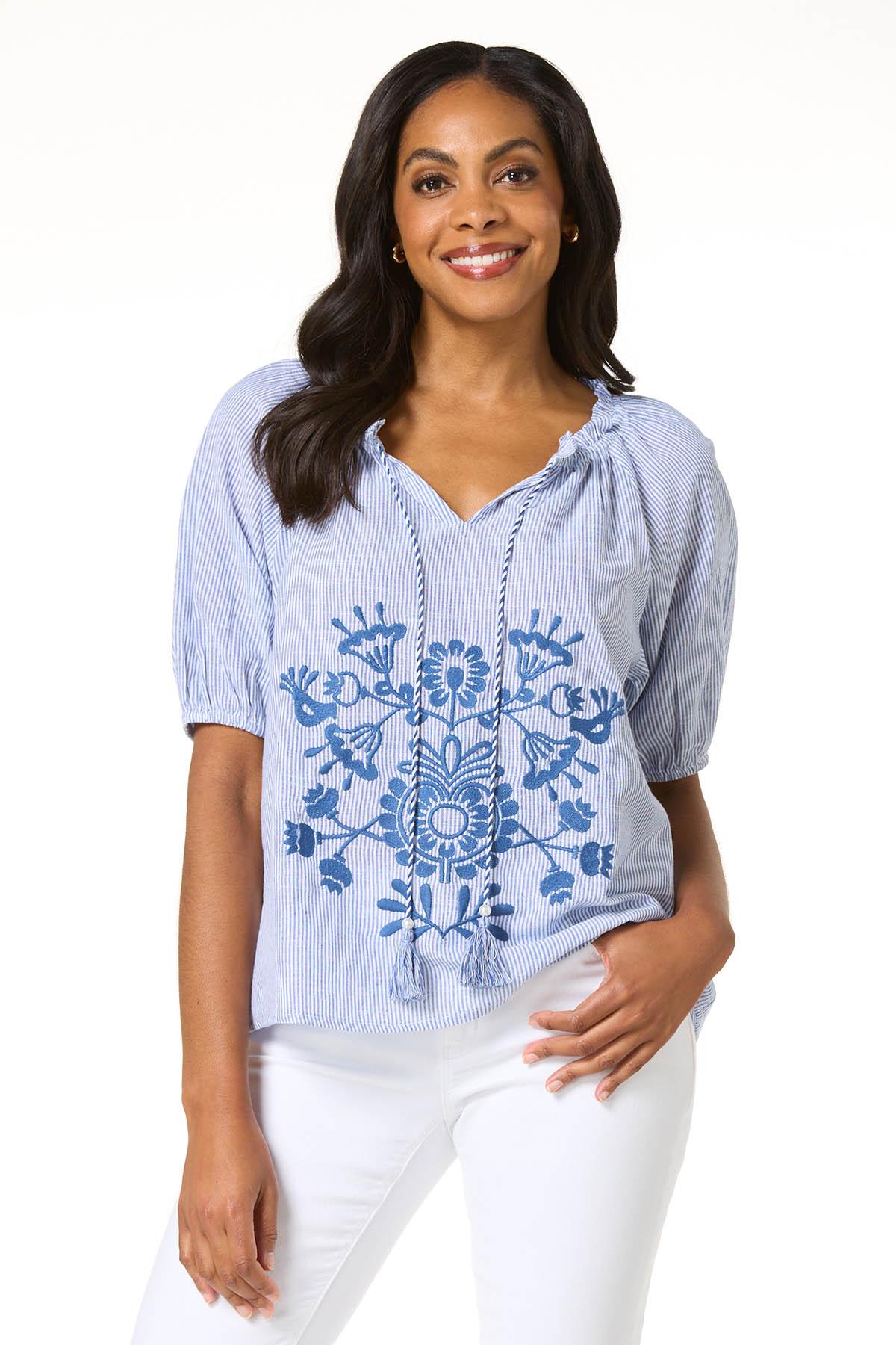 Cato Fashions | Cato Stripe Floral Embroidered Poet Top