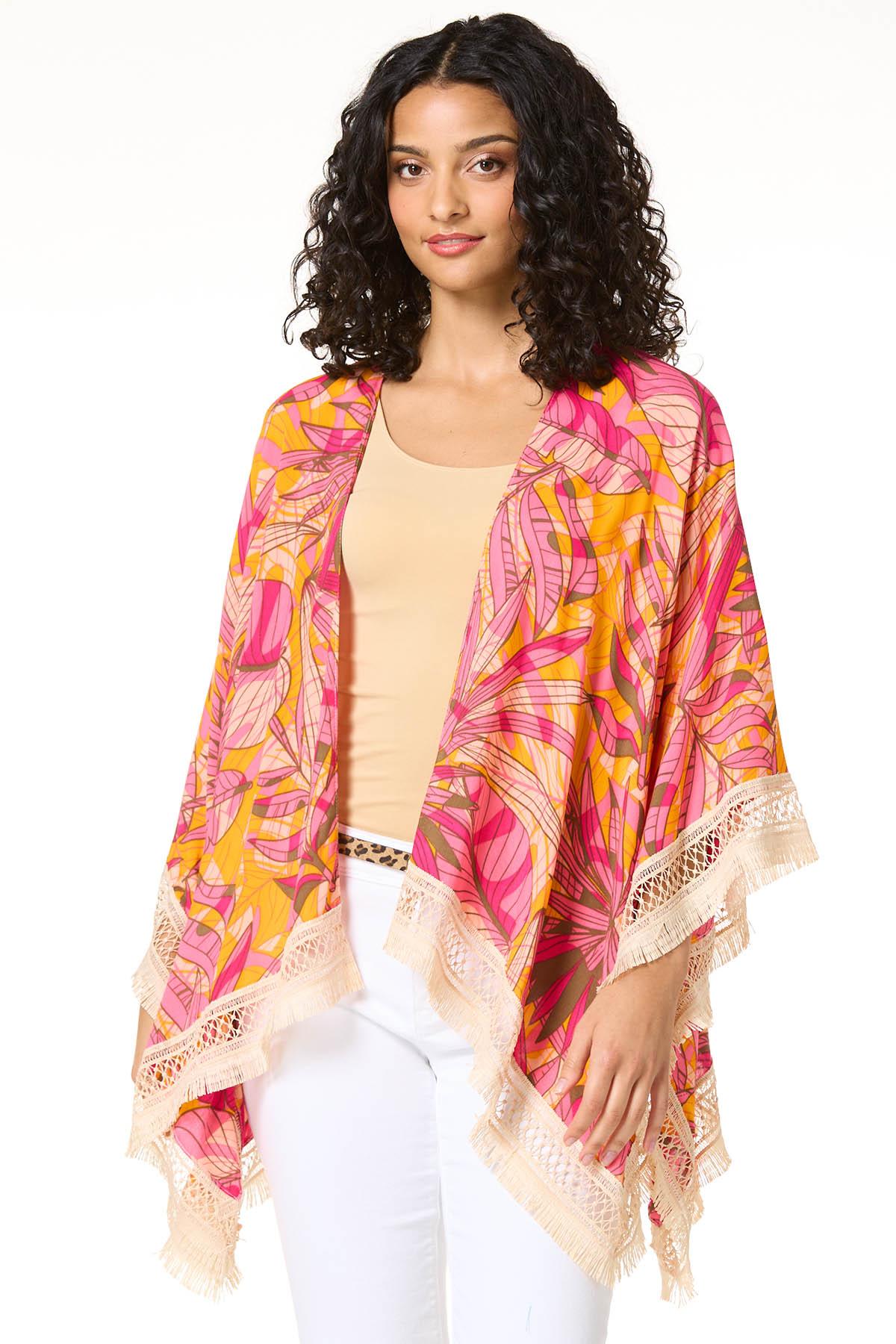 Cato Fashions | Cato Tropical Leaf Crochet Trim Kimono