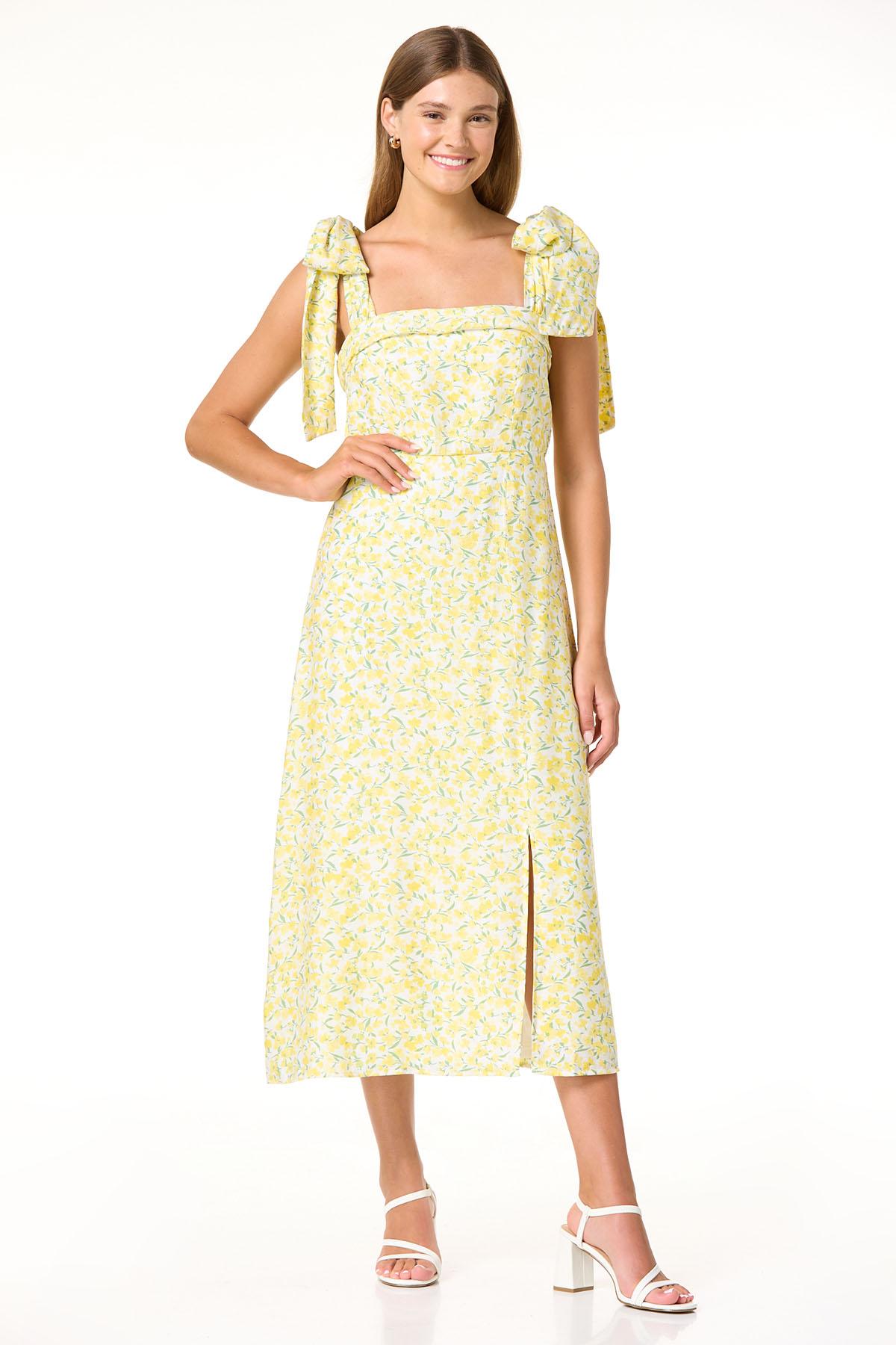 Yellow Floral Bow Strap Dress - White Yellow Floral Bow Strap Dress - White