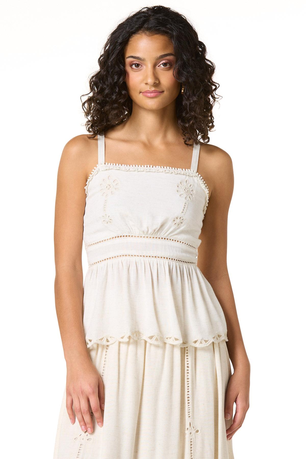 Embroidered Cutout Floral Tank - BROWN