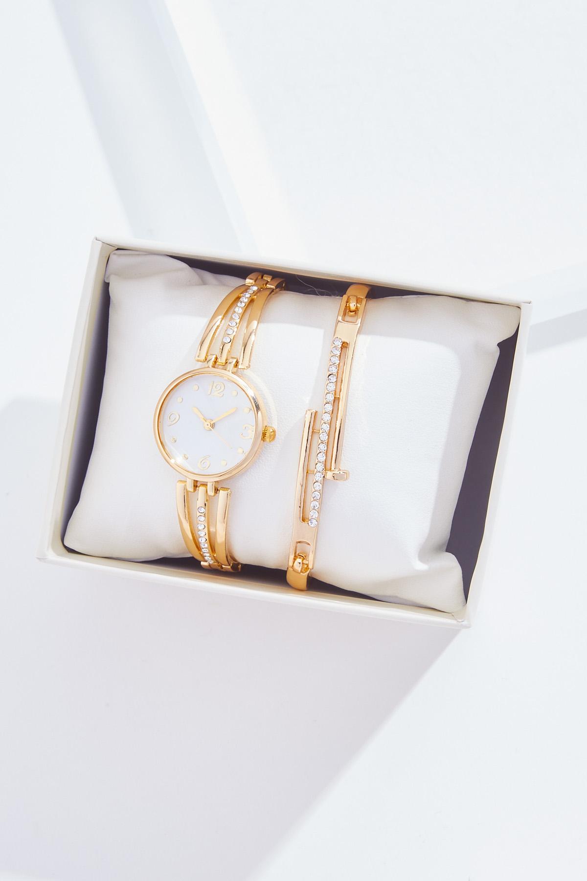 Gold Bangle Watch and Bracelet Set with Adjustable Links Time & Tru Women main image 2