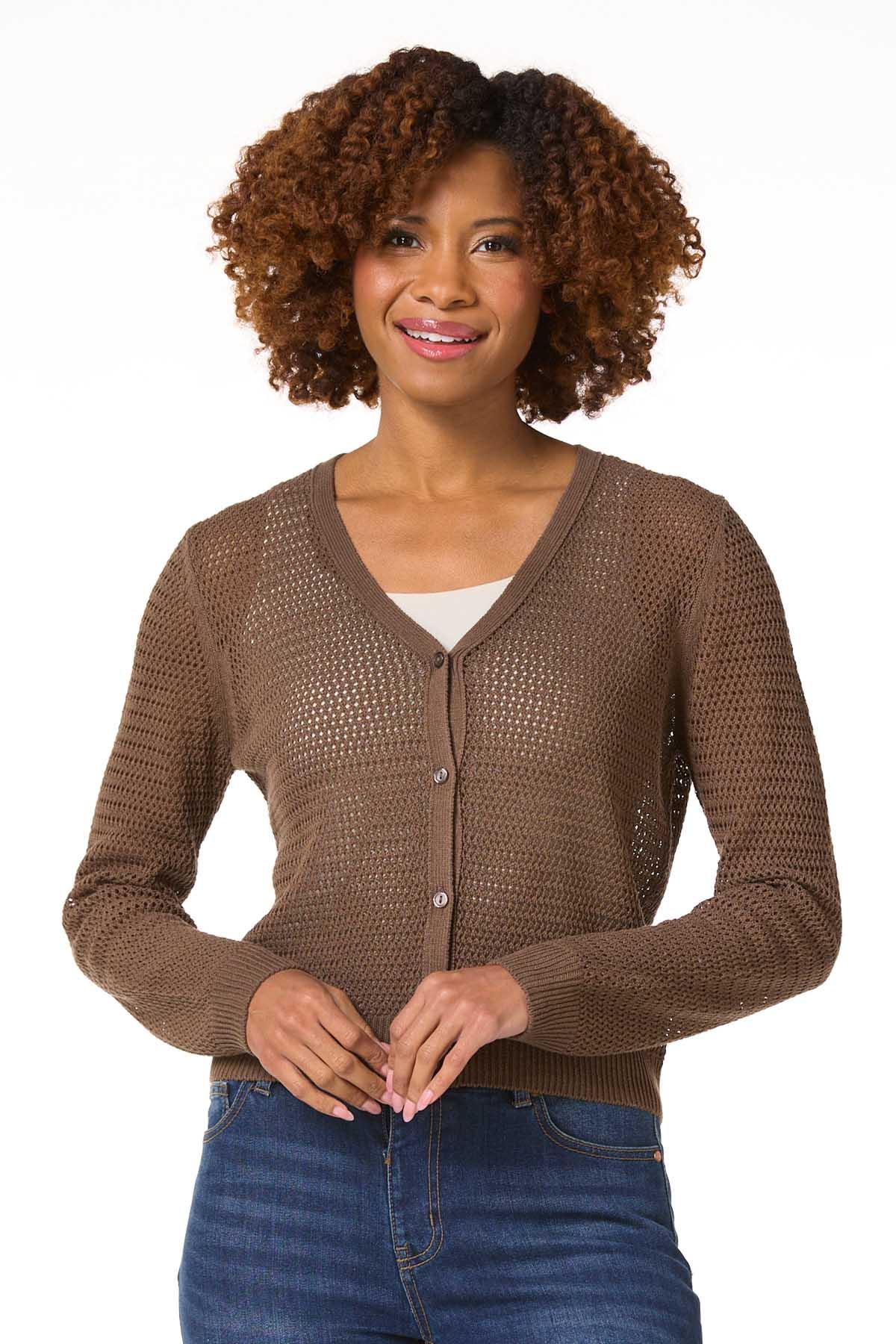 Cato Fashions | Cato Chocolate Open Stitch Cardigan