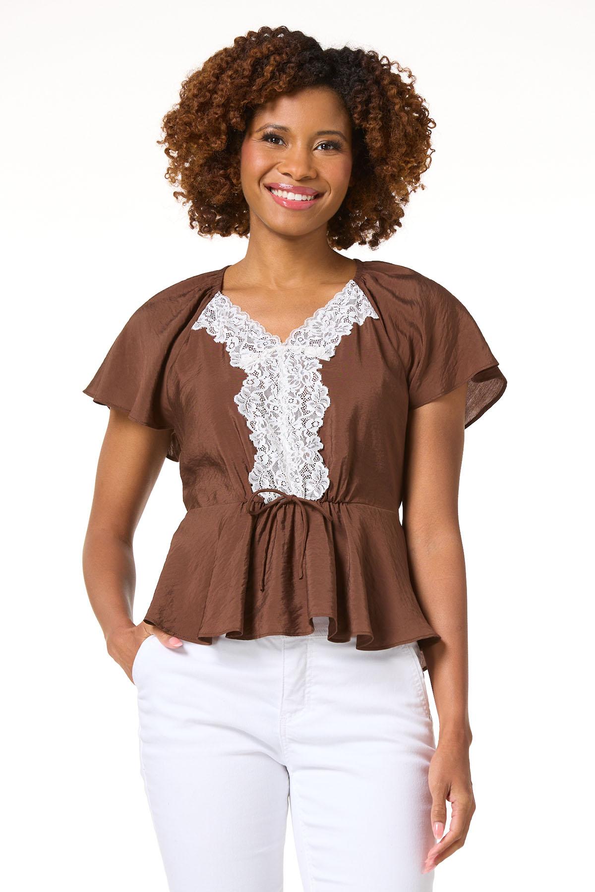 Cato Fashions | Cato Chestnut Lace Trim Top
