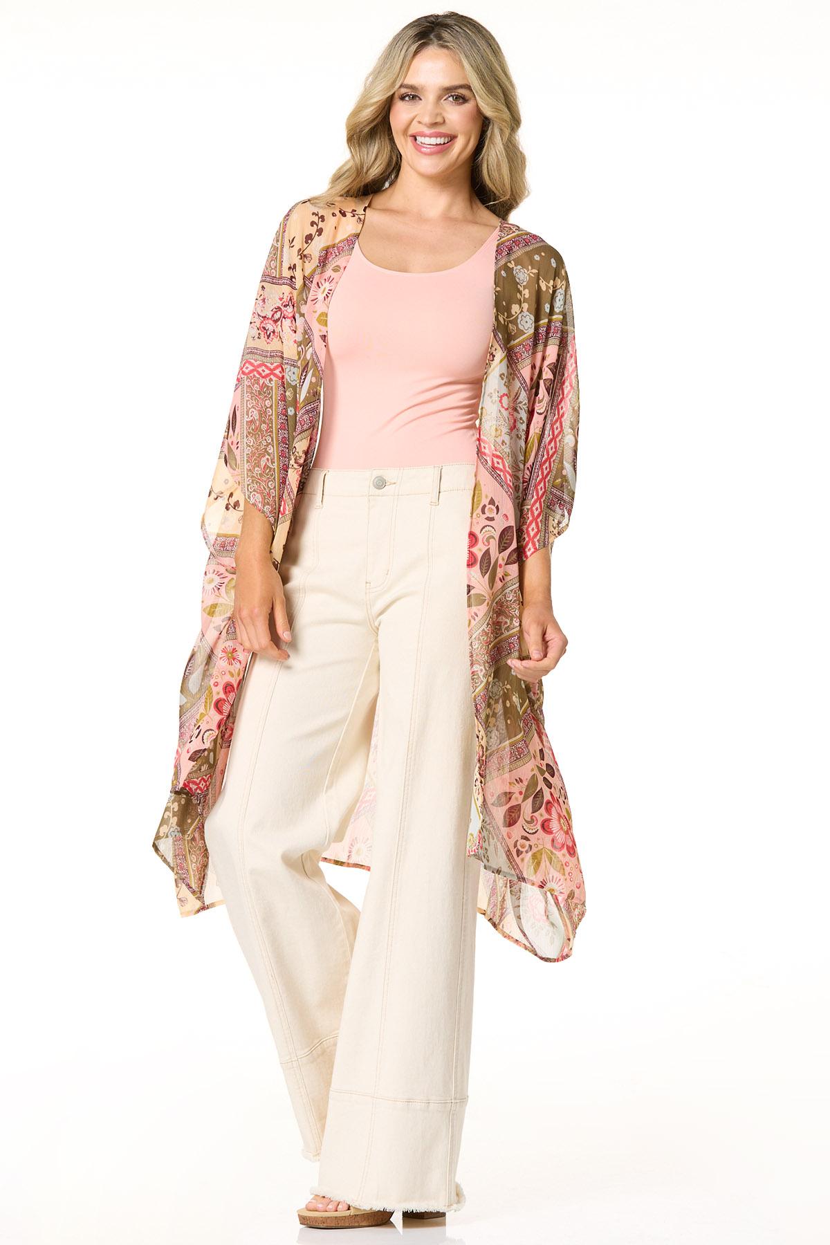 BOHO CHIC 異素材サテンツイード花柄ジャケット ゆったり ロマンティック Cato Fashions | Cato Patchwork Romantic Floral Kimono