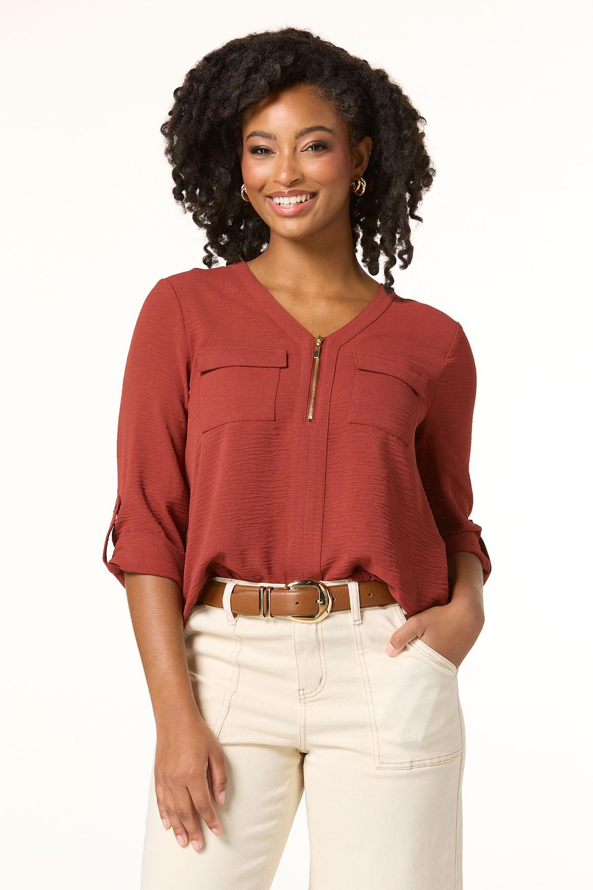Cato Fashions | Cato Solid Color Airflow Zip Front Top