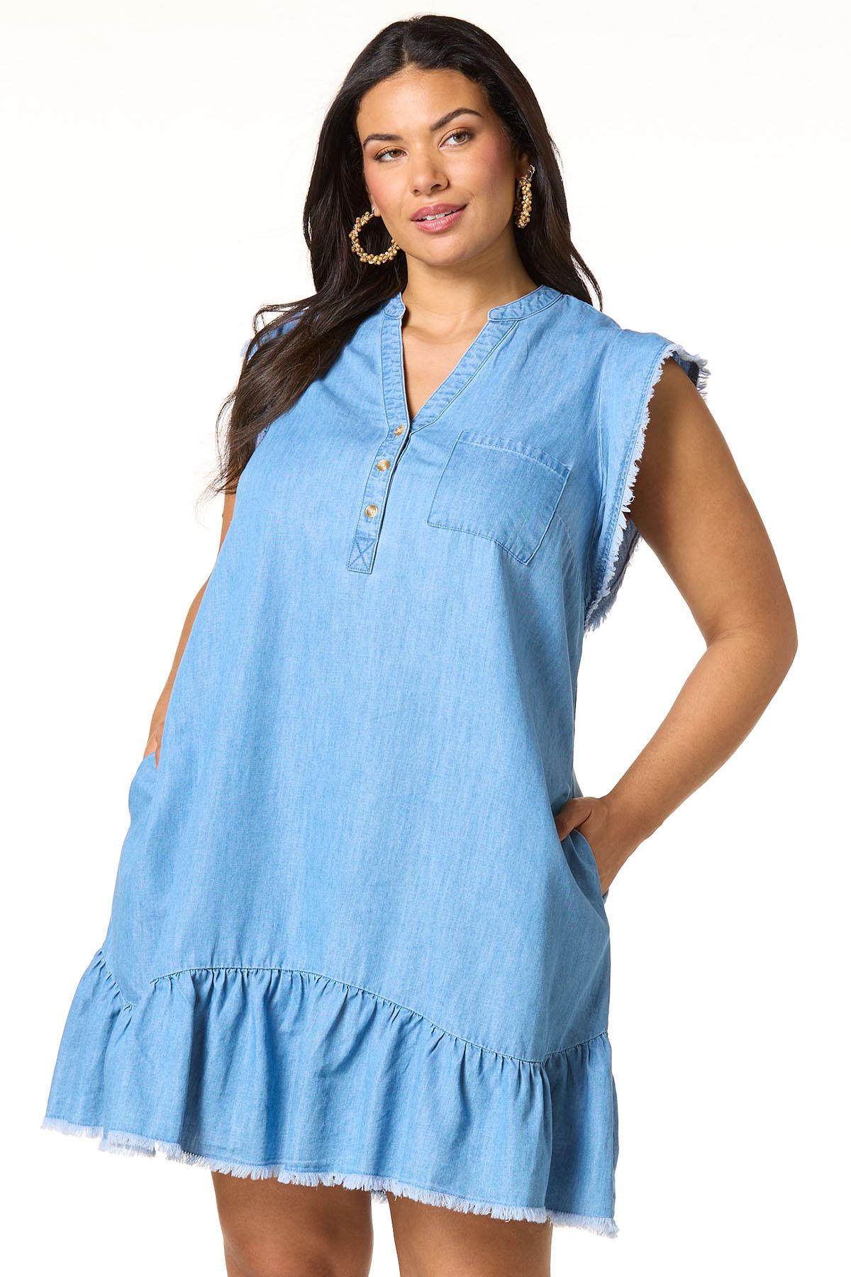 plus size denim swing dress ELLERISSA Plus Size Blue Short Sleeve Denim Swing Shirt Dress
