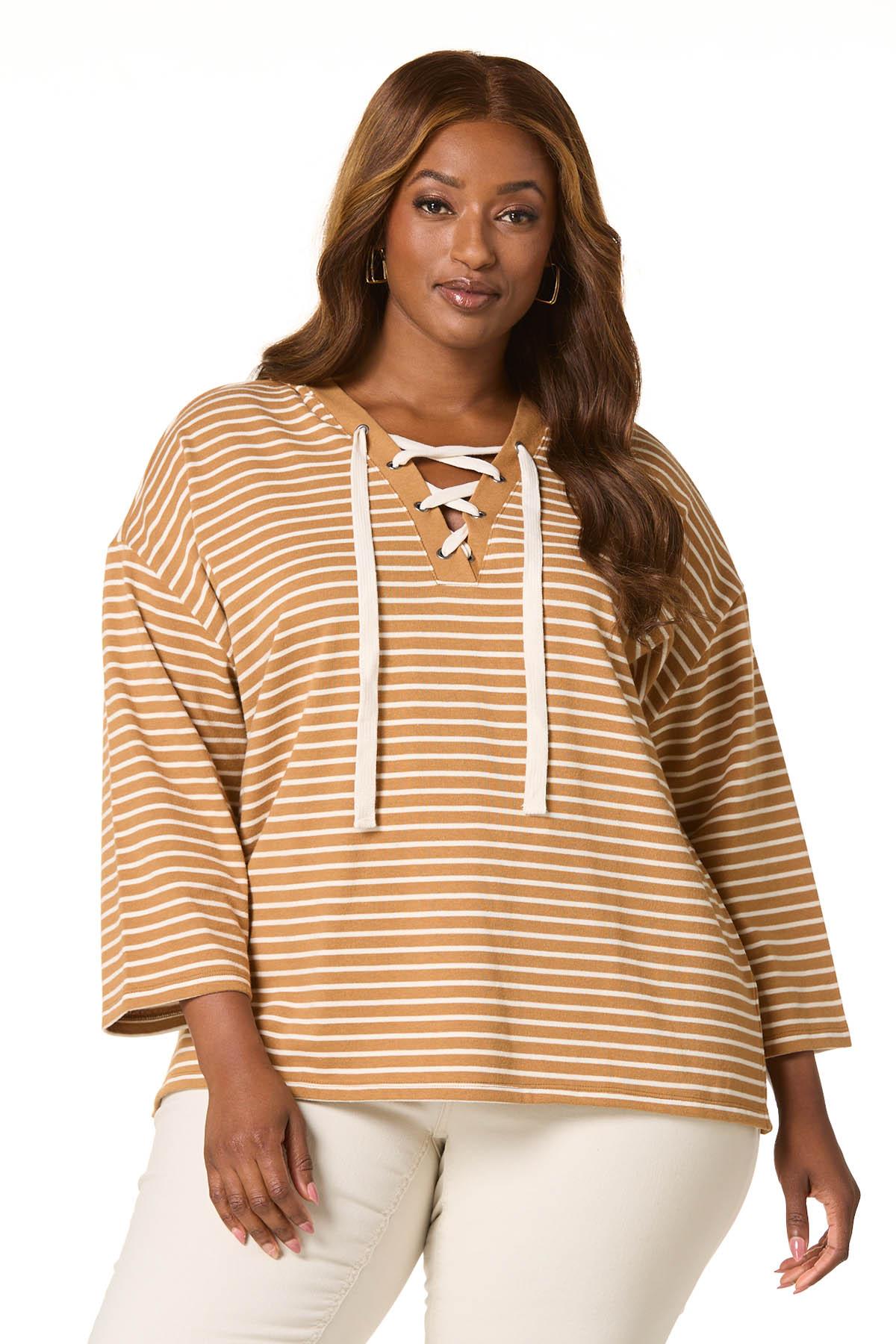 Cato Fashions | Cato Plus Size Stripe Lace Up Hooded Top