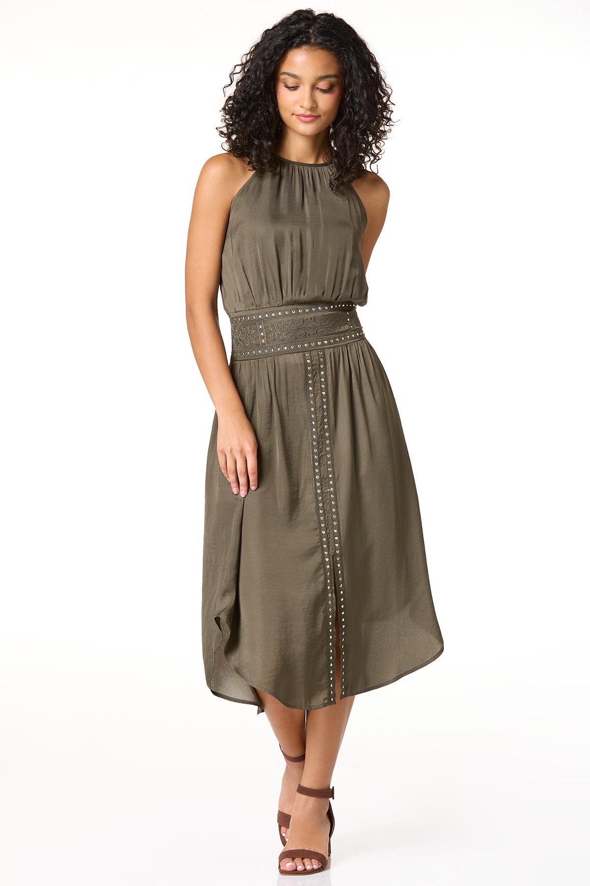 dress cato Brown puffy sleeves midi dress-CATO XL / Brown Laceup tie neckline76 cotton 23 polyester 1 spandex Cato brown dress