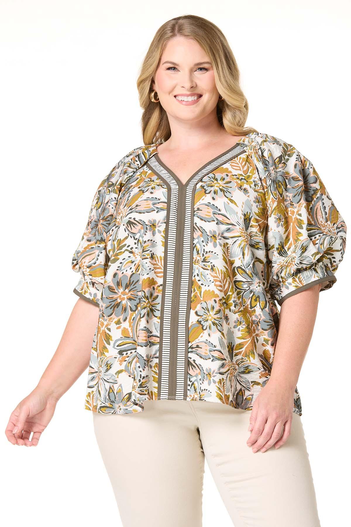 Cato Fashions | Cato Plus Size Floral Border Bubble Sleeve Top