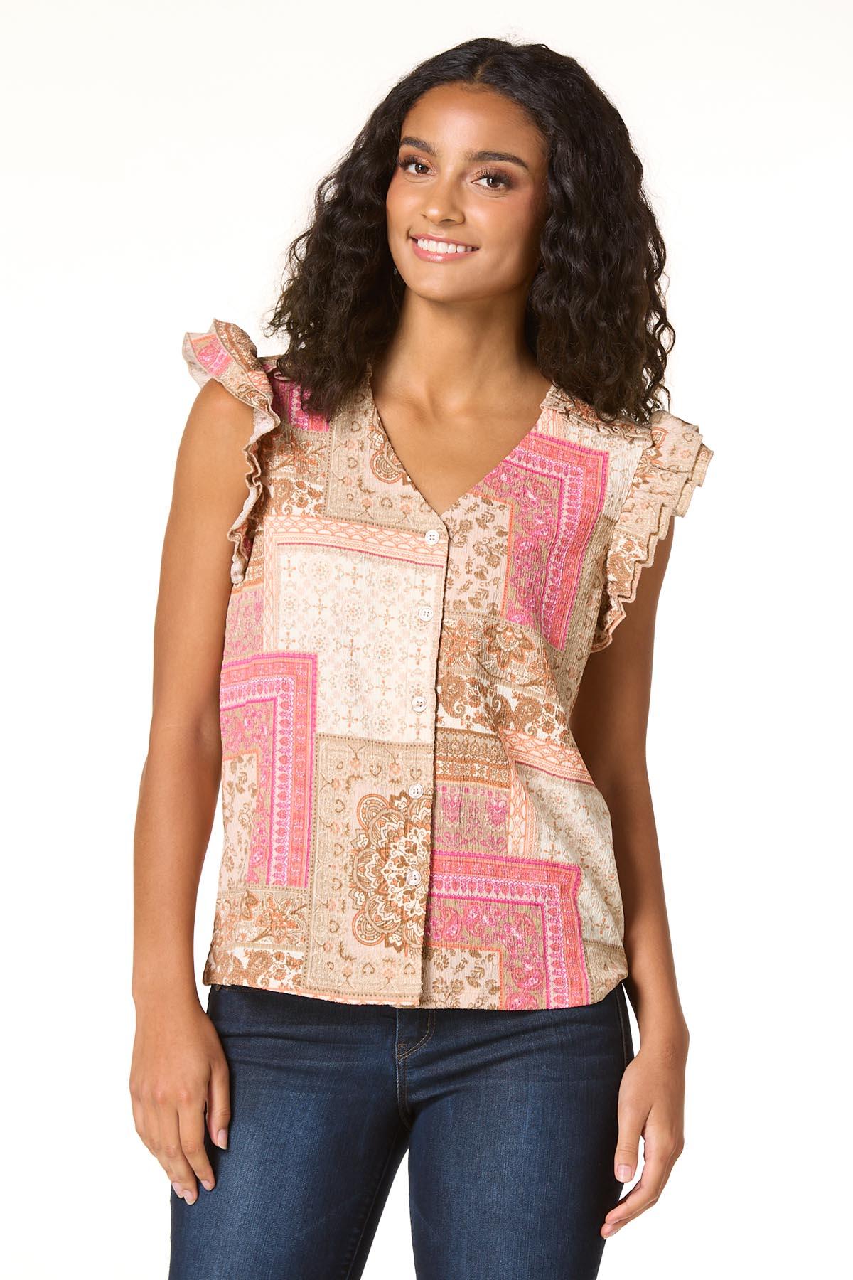 トップス LEINWANDE patchwork ruffled hem top Cato Fashions | Cato Patchwork Print Ruffle Sleeve Button-Front Top