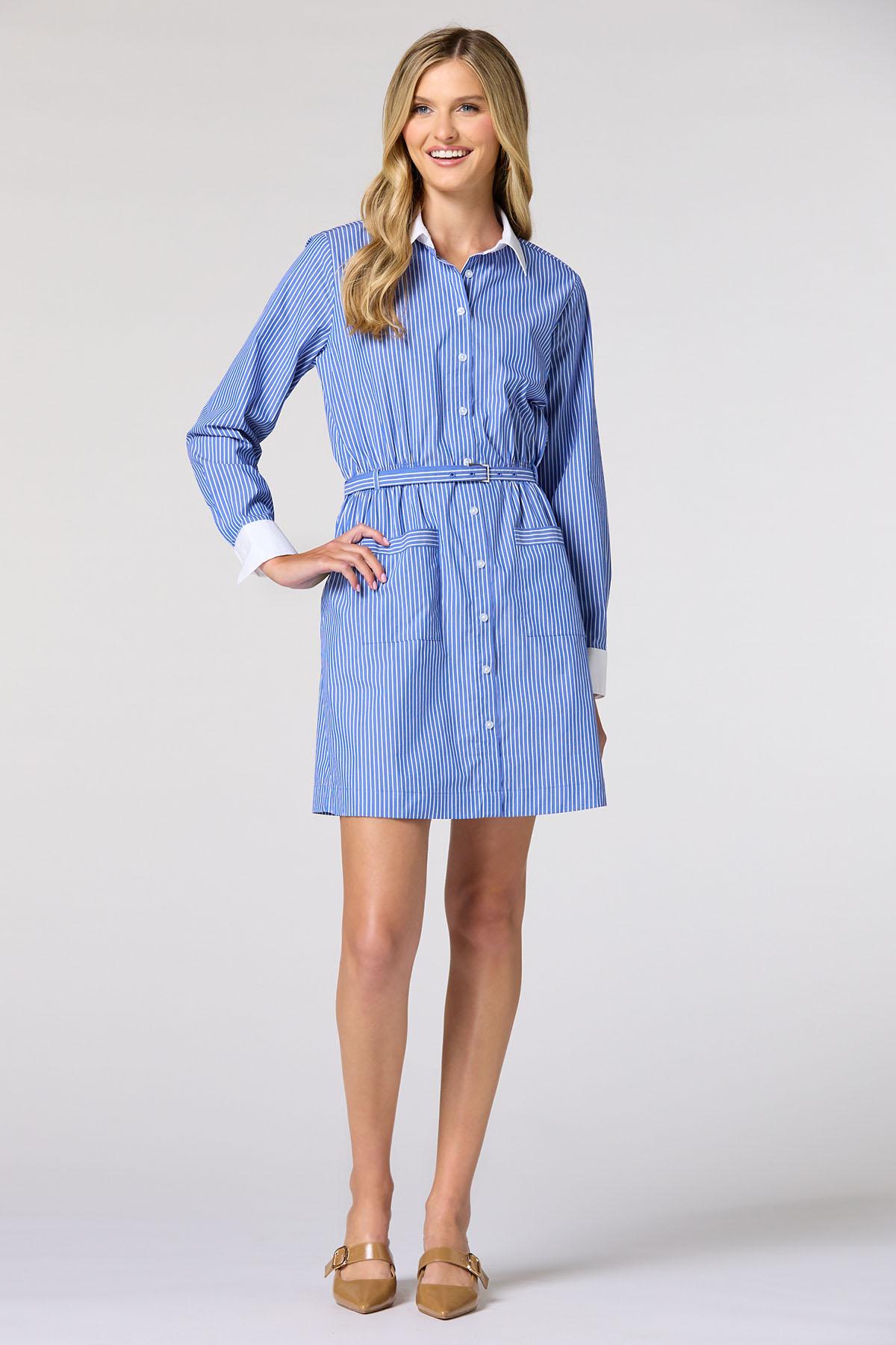 blue striped shirt dress Cato Fashions Size:XXSP Swatch:#171412 Fleurora Birthday Party Dresses Midi shirt flattering midi shirt dress