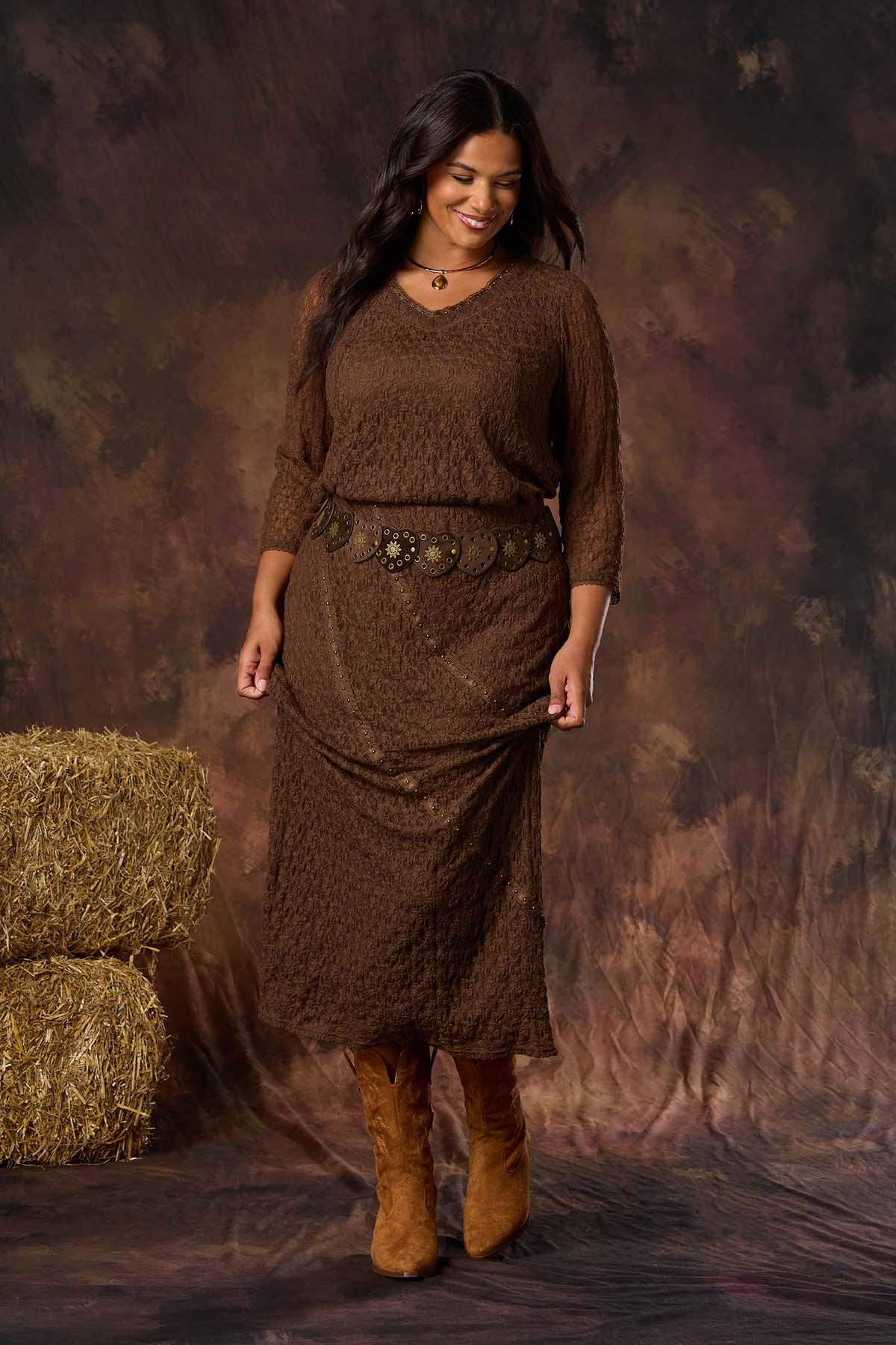 plus size brown lace dress Cato Fashions neckline enhances the dcolletage