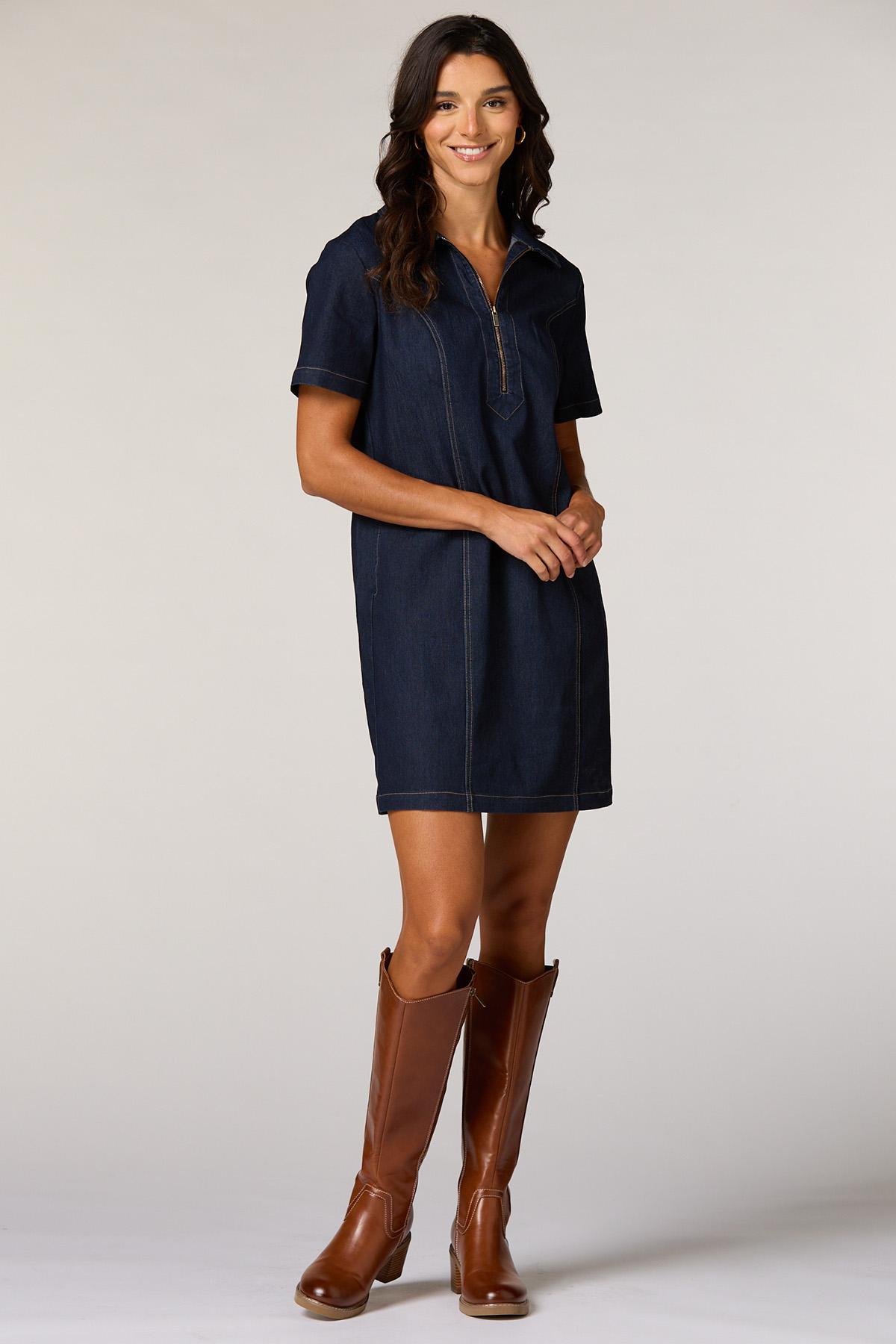 denim dress zipper Cato Fashions Sleeveless denim mini dress with Color:Dark Fuchsia/Silver style: bump-friendly Black And Gold Chiffon Model is 56 and