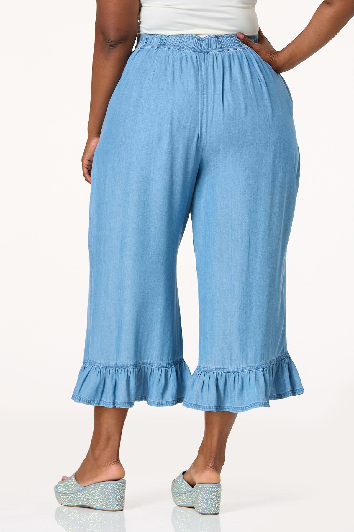 Cato Fashions | Cato Plus Size Cropped Ruffled Chambray Pants
