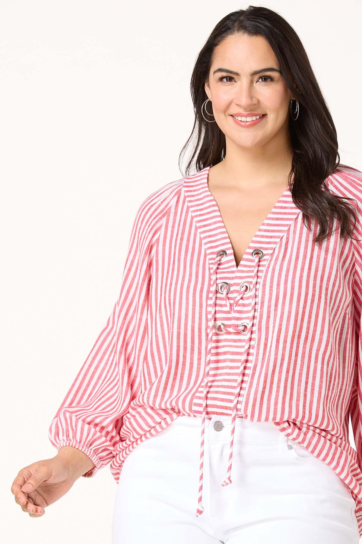 Cato Fashions | Cato Plus Size Stripe Grommet Lace Up Top