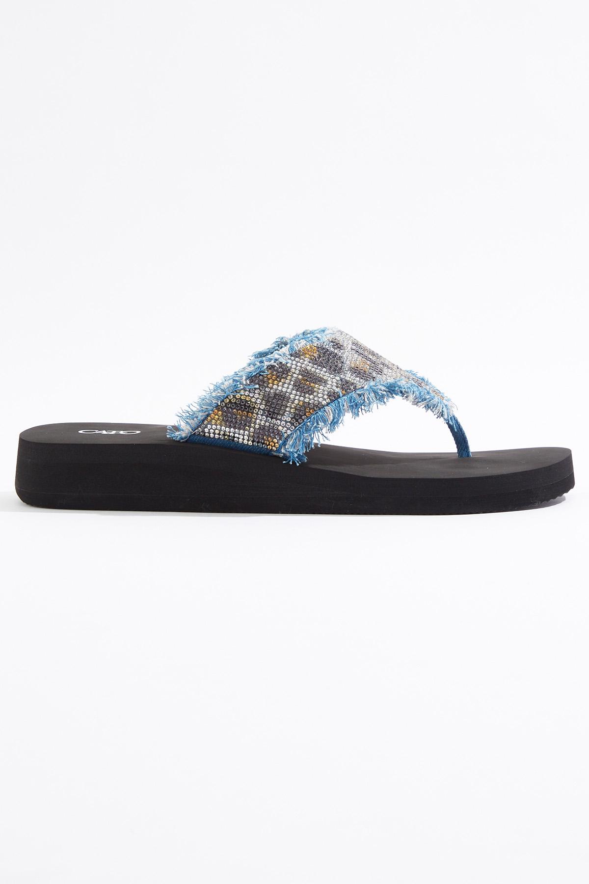  Cato Fashions | Cato Leopard Stone Fray Denim Flip Flops