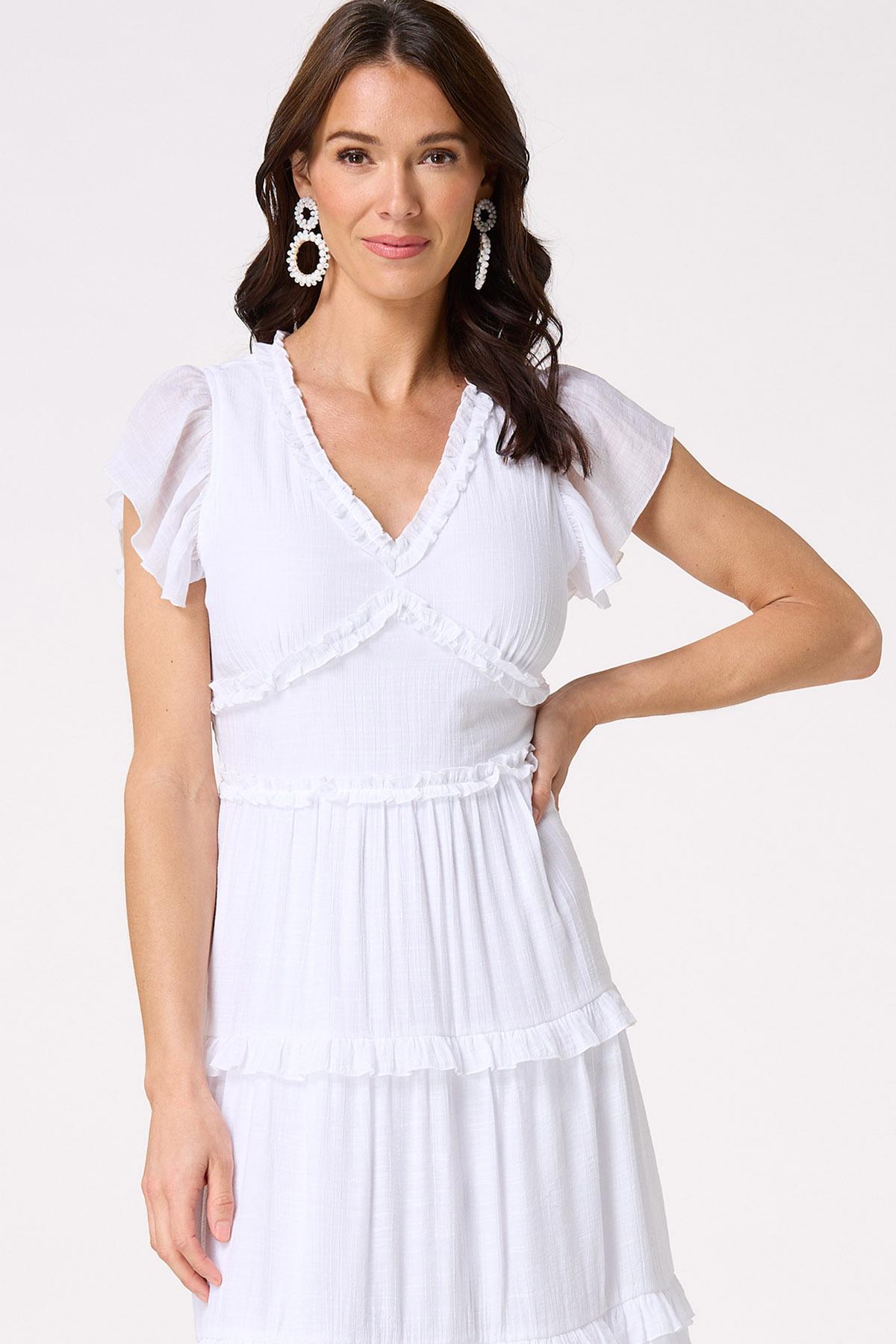  Cato Fashions | Cato White Ruffled Trim Midi Dress