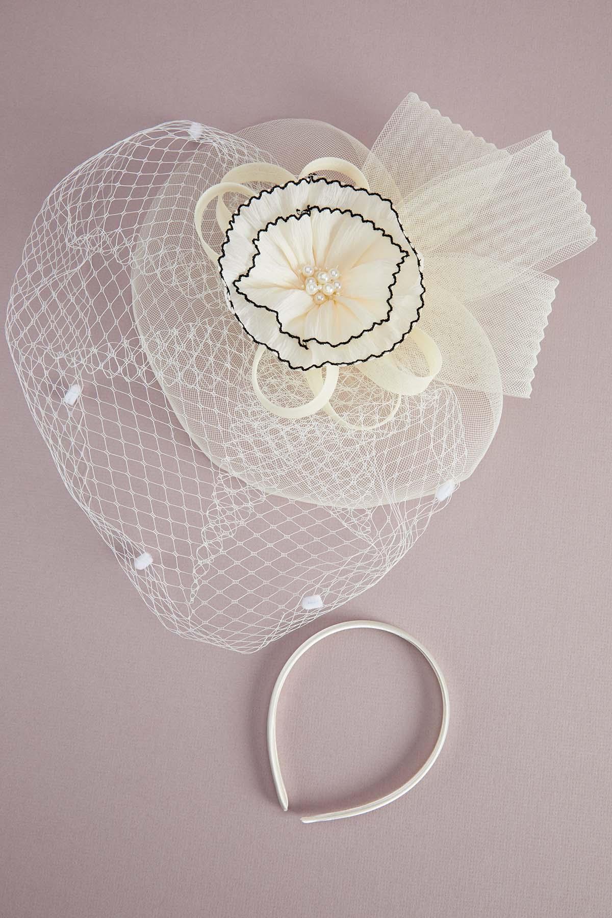 Cato Fashions | Cato Ruffle Flower Pearl Veil Fascinator