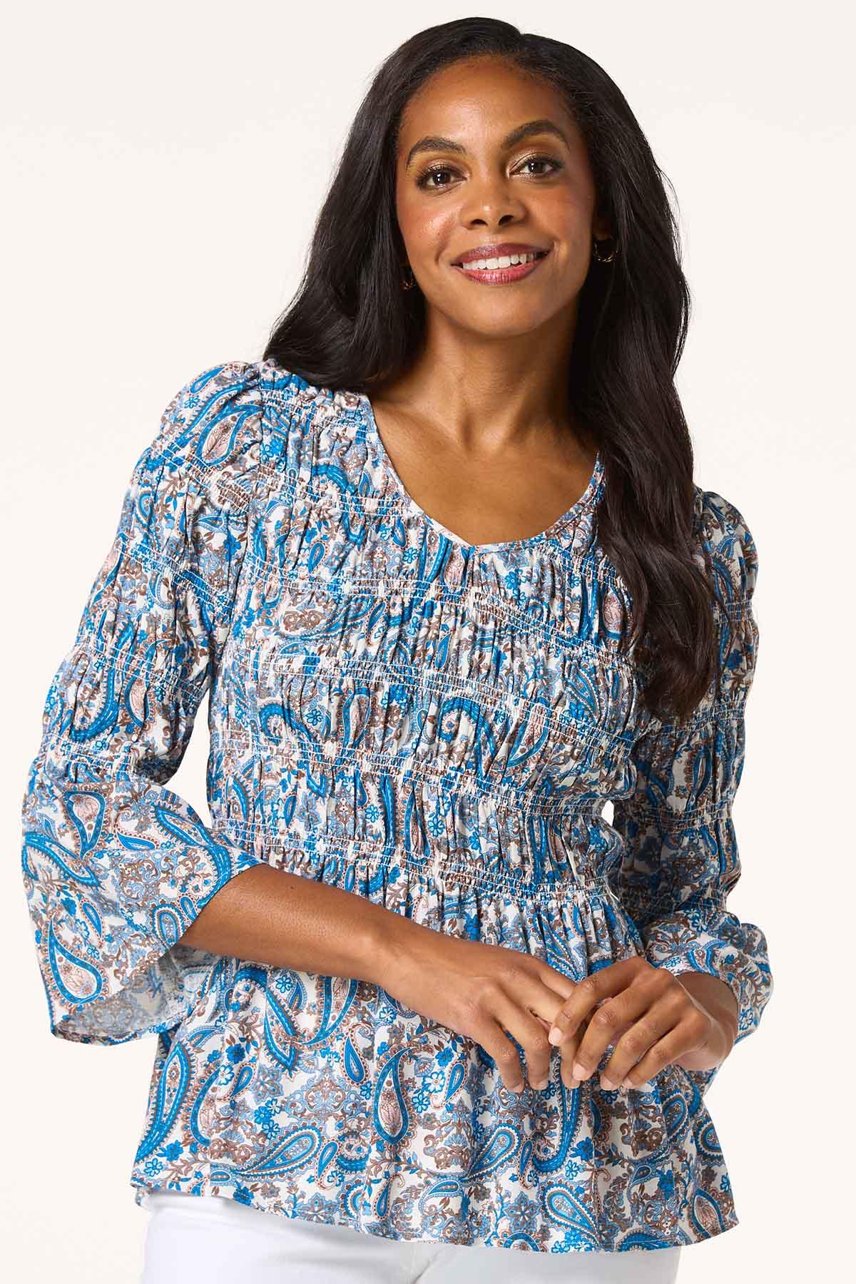Cato Fashions | Cato Smocked Blue Paisley Top