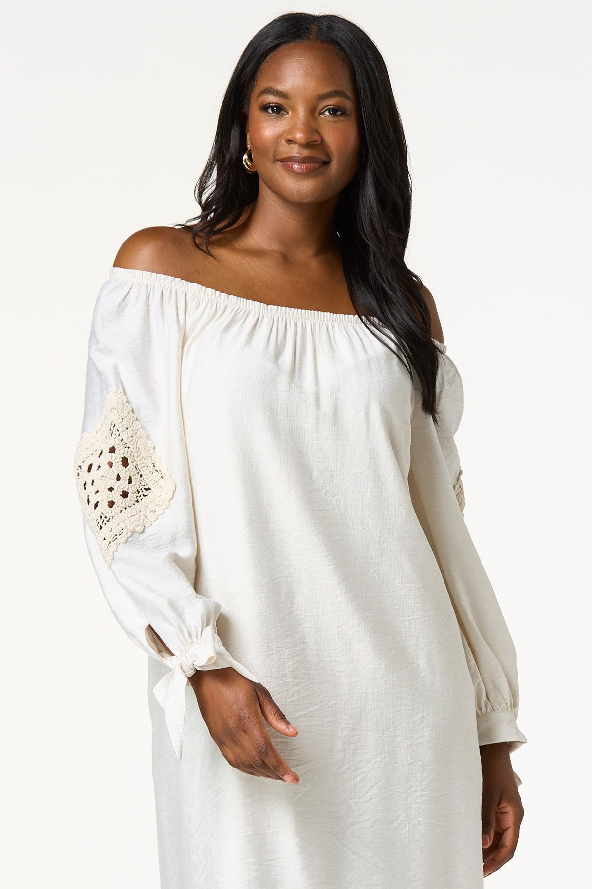  Cato Fashions | Cato Beige Crochet Trim Off Shoulder Dress