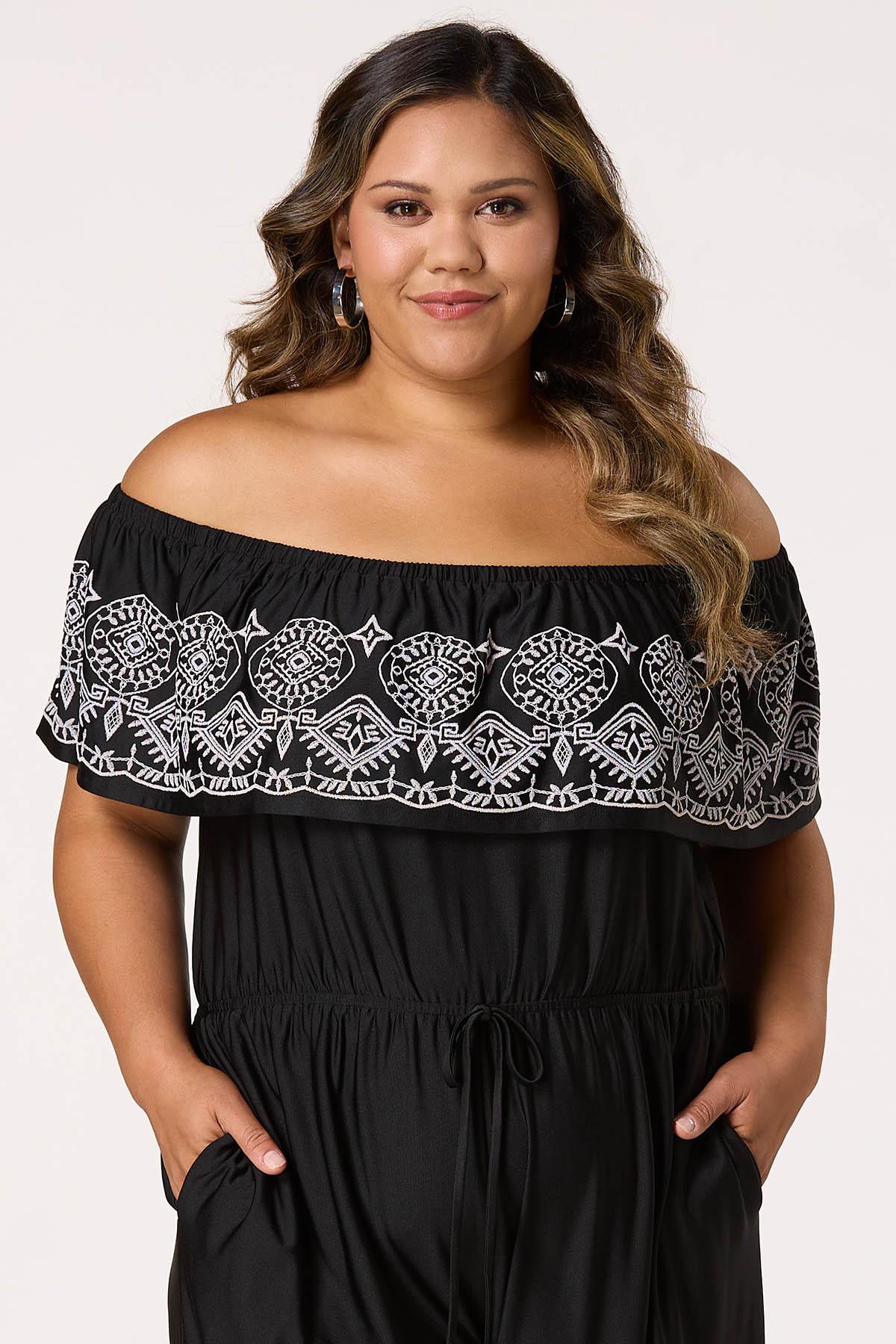  Cato Fashions | Cato Plus Size Flounced Off Shoulder Embroidered Jumpsuit