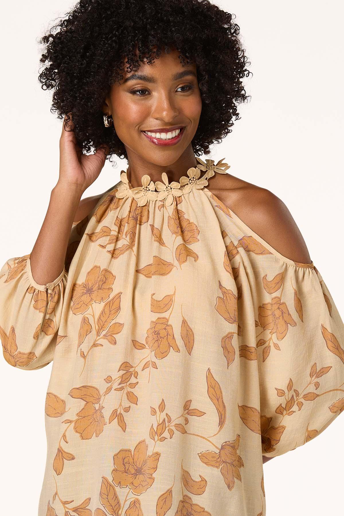 Cato Fashions | Cato Beige Floral Lace Trim Top