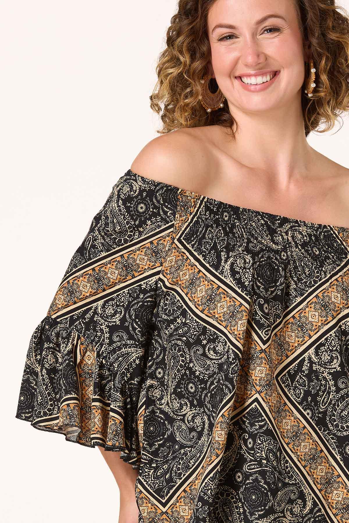  Cato Fashions | Cato Black Brown Patchwork Print Poet Top