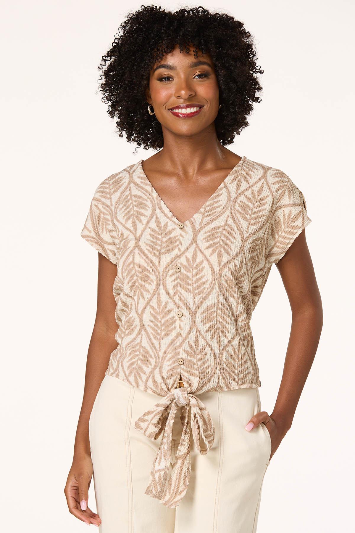  Cato Fashions | Cato Leaf Print Neutral Puckered Top