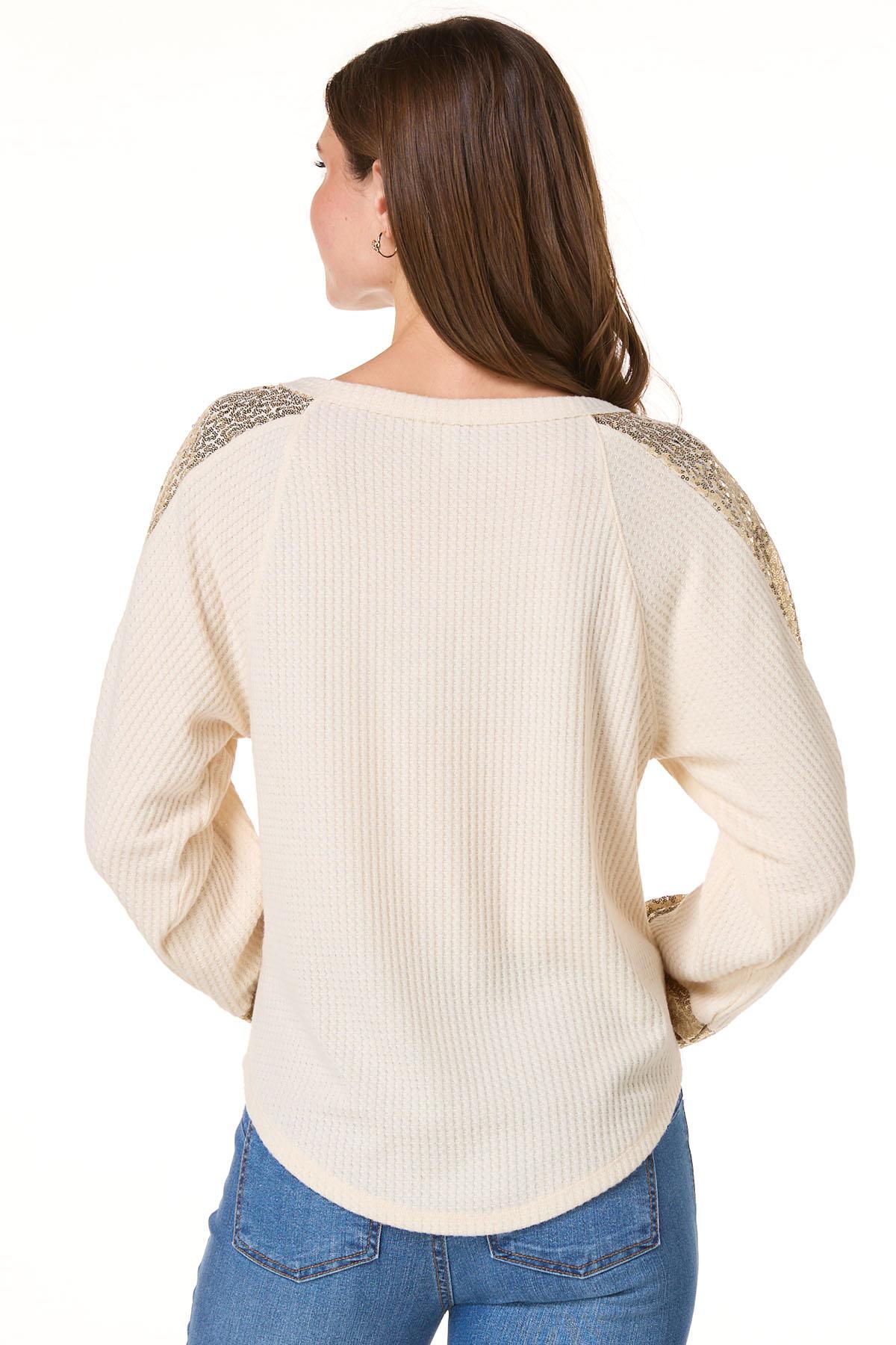 Cato Fashions | Cato Sequin Sleeve Waffle Top
