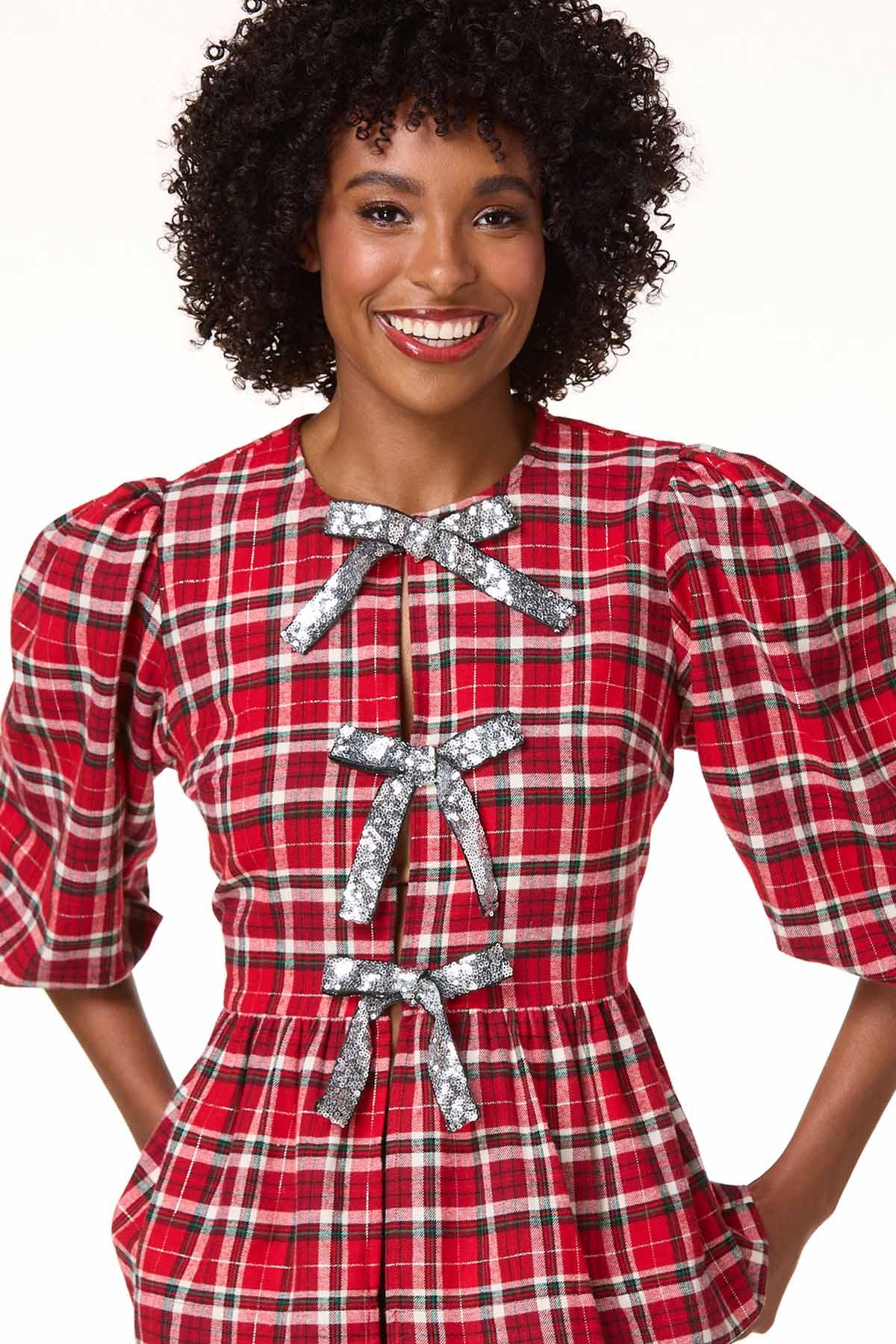 Cato Fashions | Cato Plaid Sequin Bow Peplum Top