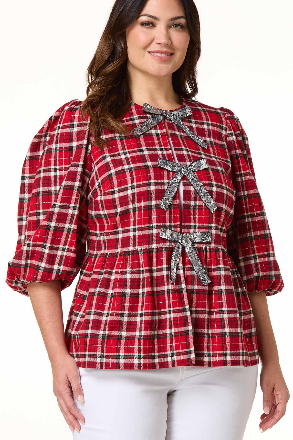 Cato Fashions | Cato Plus Size Plaid Sequin Bow Peplum Top