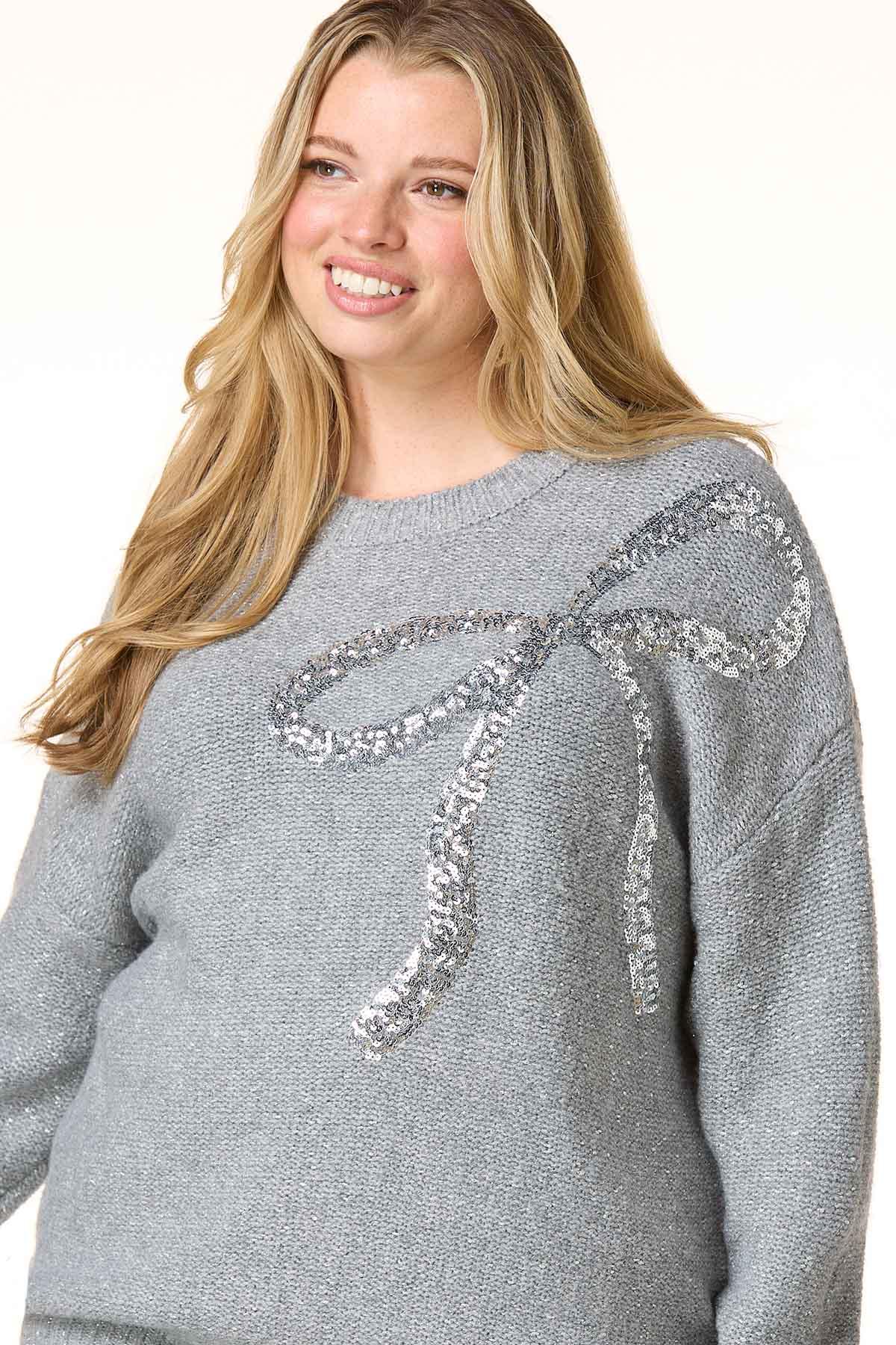 Cato Fashions | Cato Plus Size Silver Sequin Bow Sweater