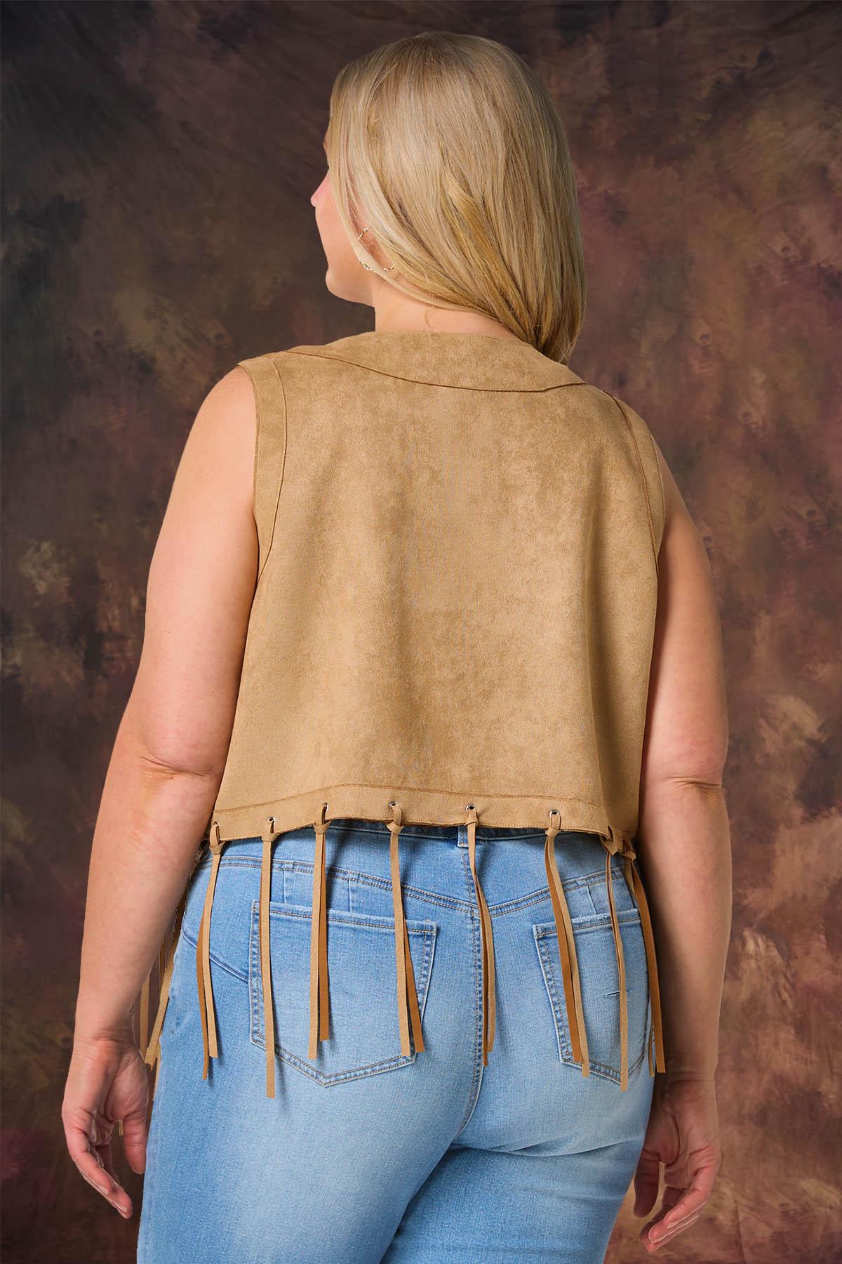 Cato Fashions | Cato Plus Size Lace Panel Faux Suede Fringe Vest
