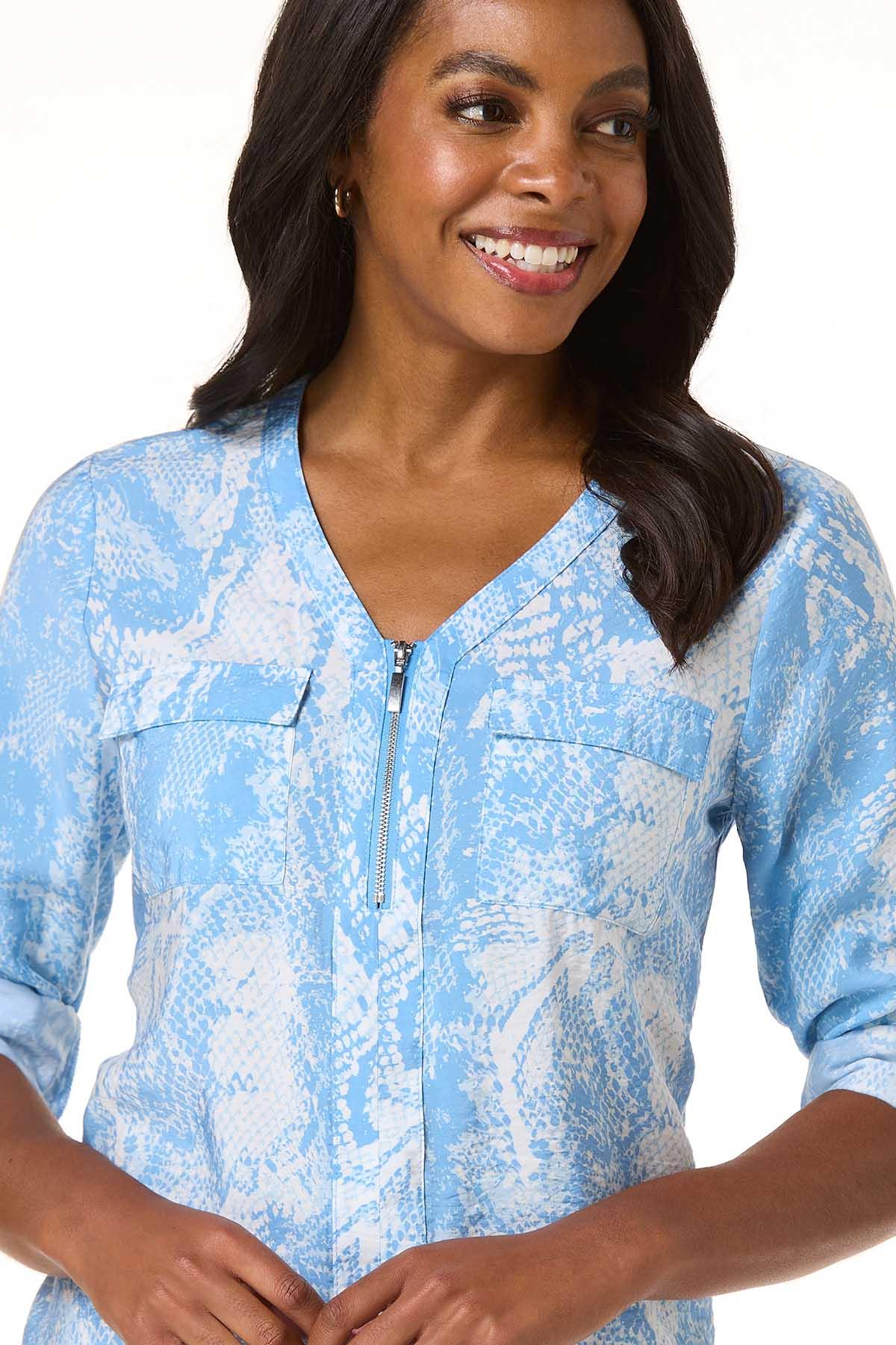 トップス 808 Cato Fashions | Cato Blue White Snake Print Zip Front Top