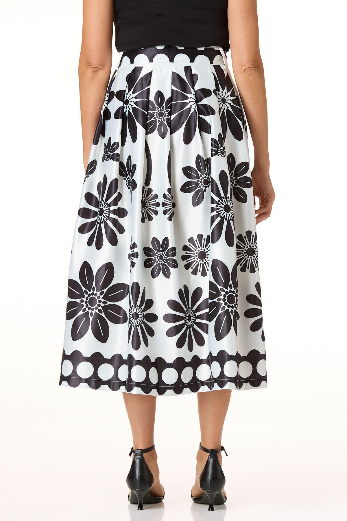 Cato Fashions | Cato Black White Floral Border Satin Midi Skirt