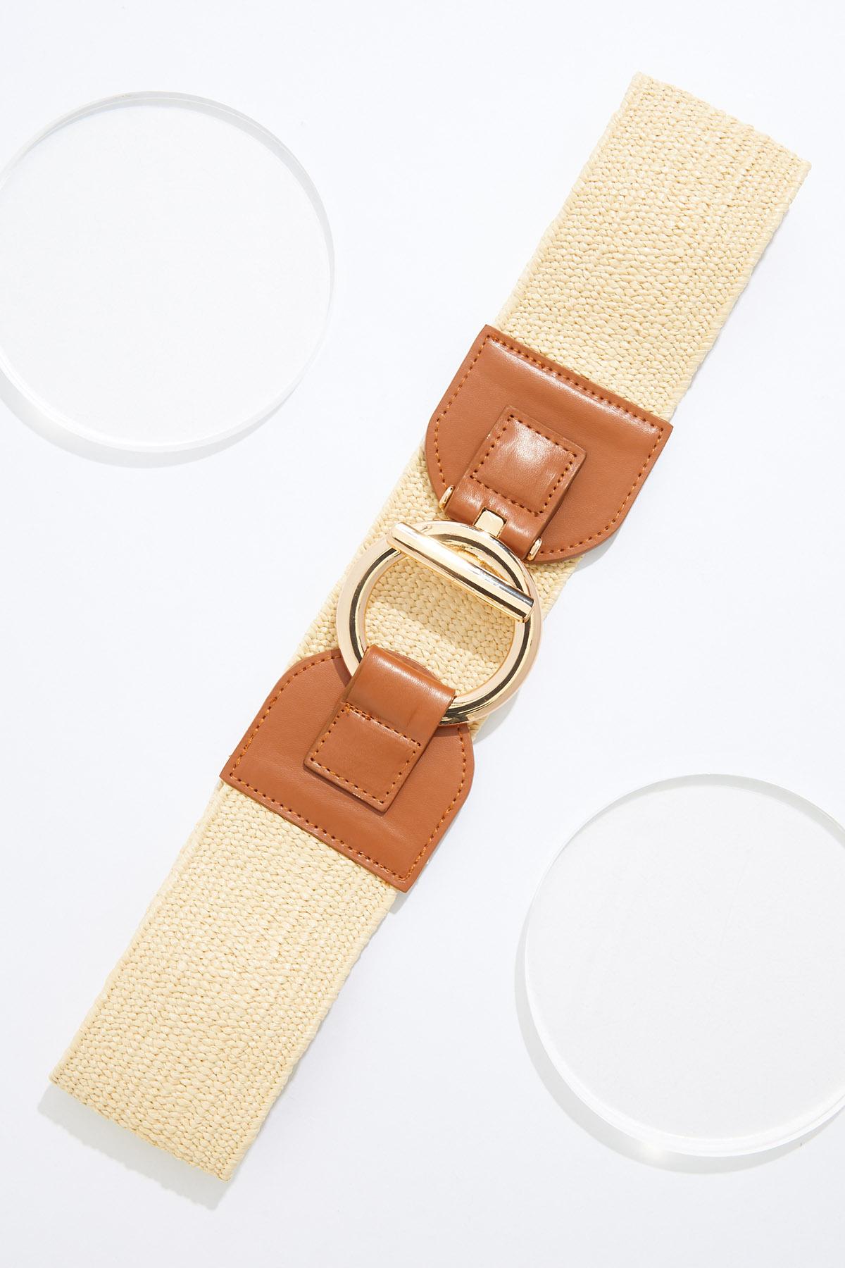 Plus Size Gold Ring Raffia Stretch Belt - White