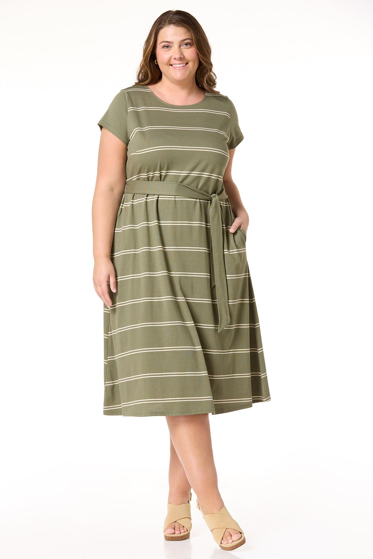 plus size striped shirt dress Navy Plus Size Stripe Cotton Poplin Drama Sleeve Woven Wrap Detail Shirt Dress