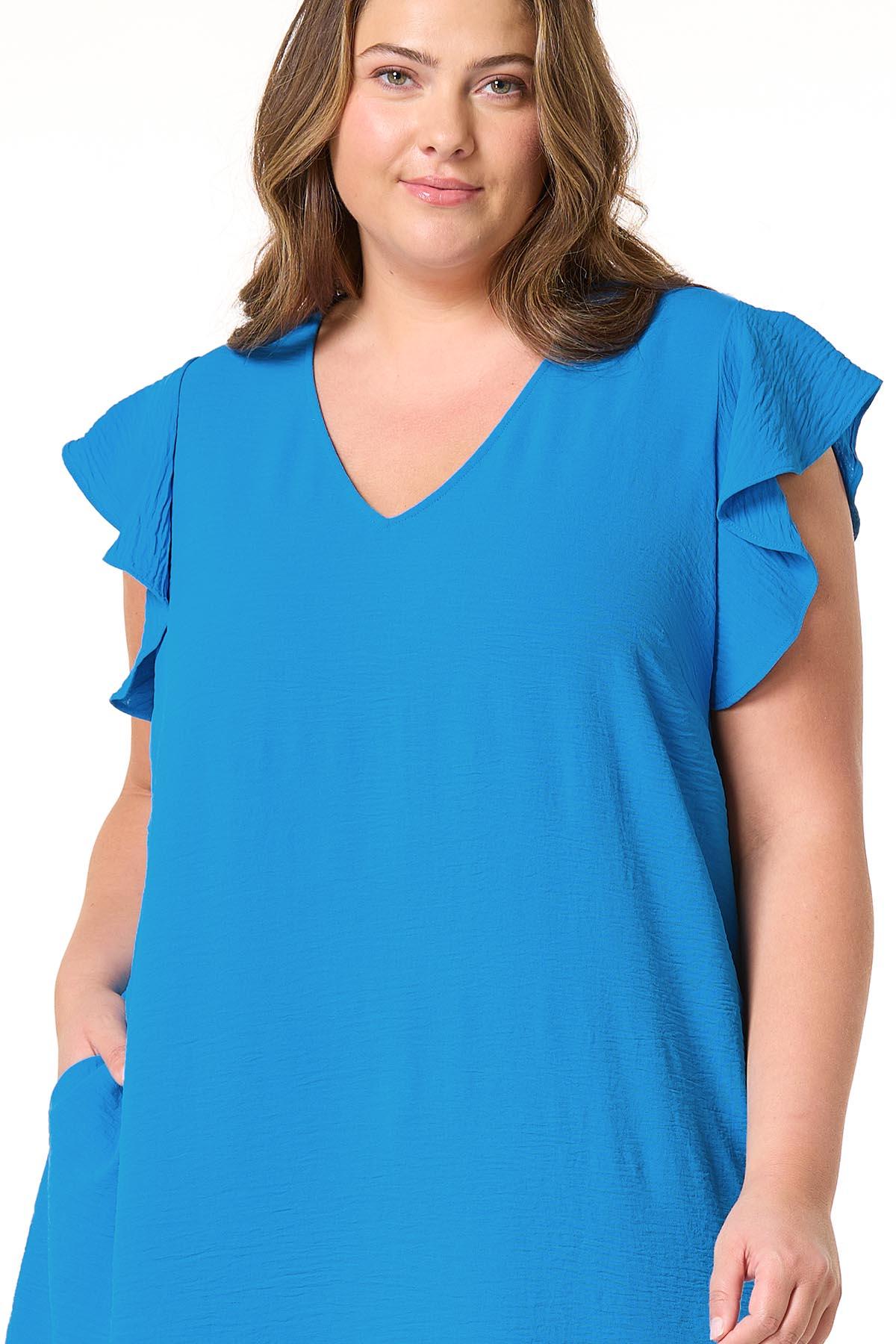 Plus Size Flowy Flutter Sleeve Dress - BLUE