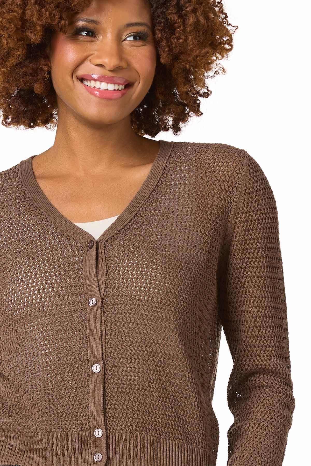 Cato Fashions | Cato Chocolate Open Stitch Cardigan