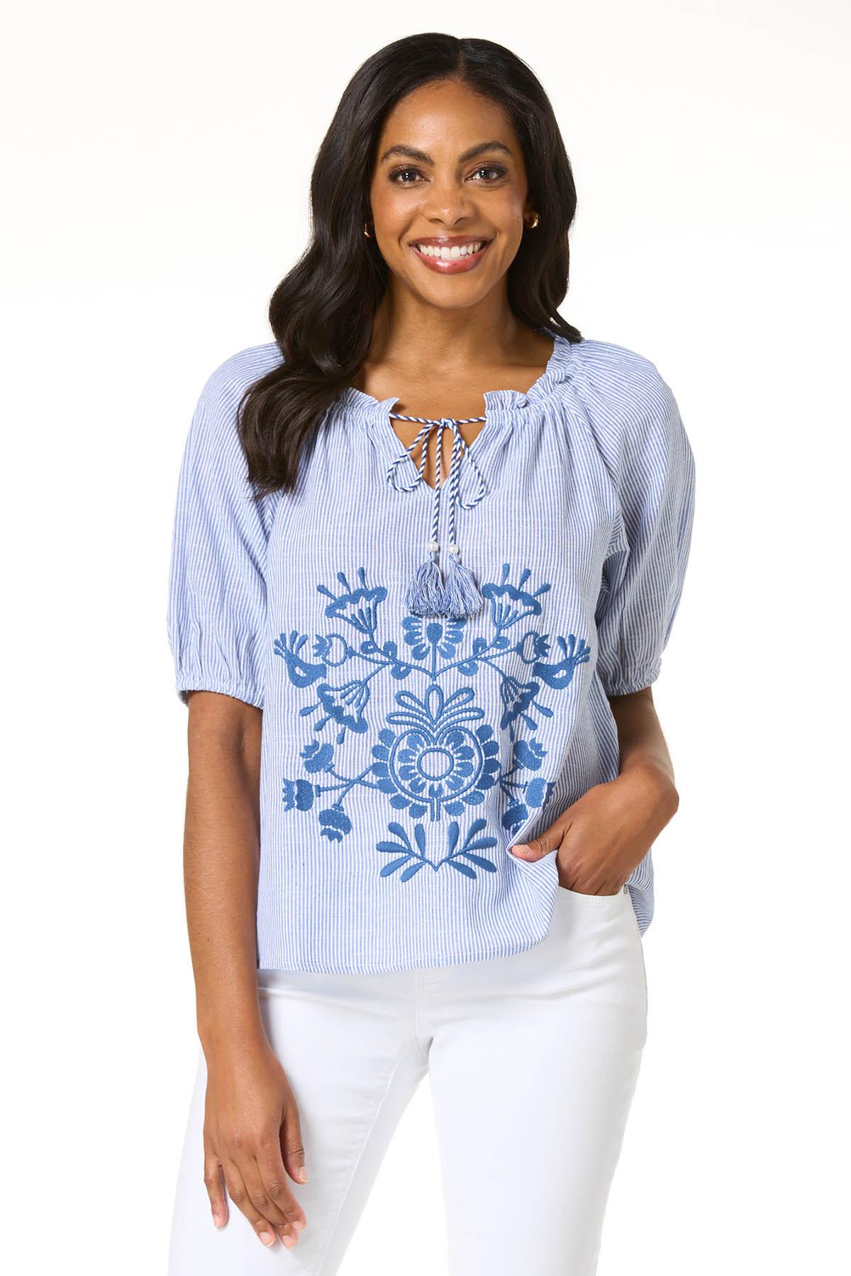 Cato Fashions | Cato Stripe Floral Embroidered Poet Top