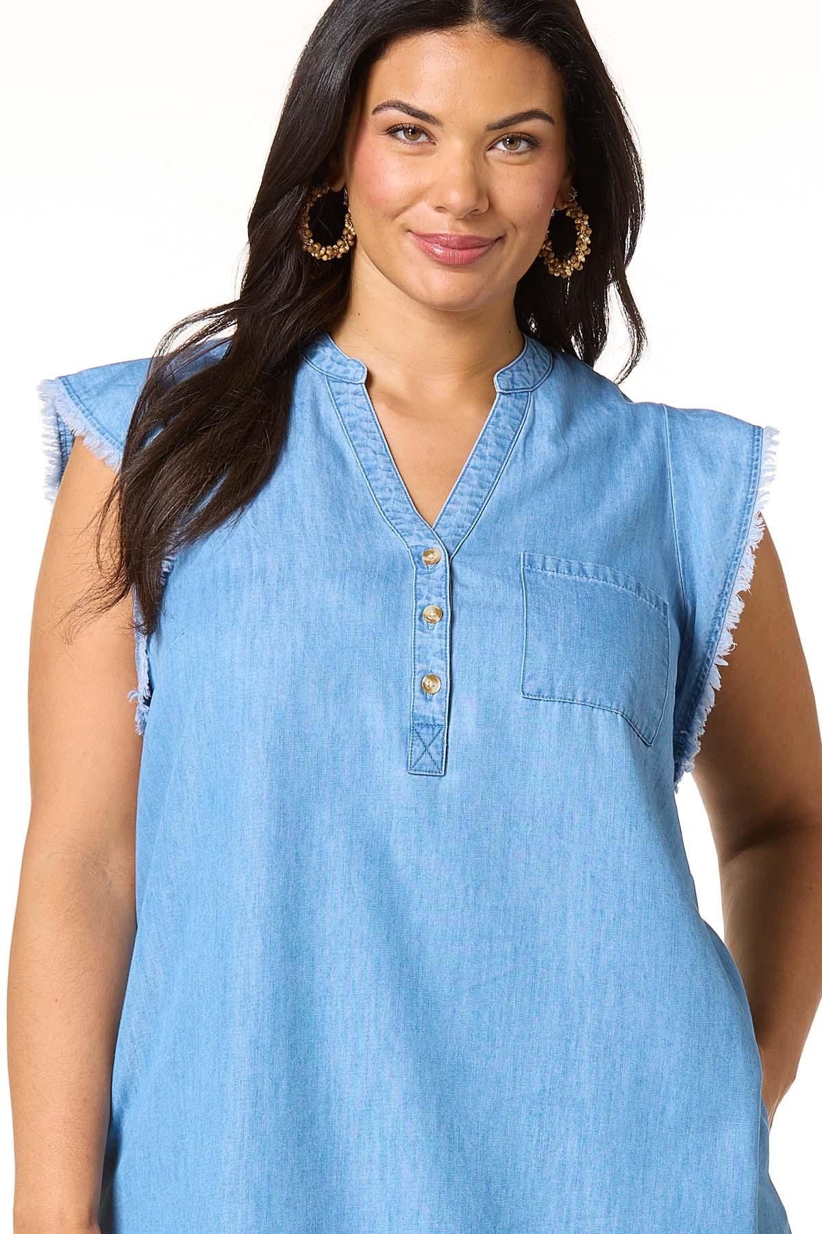plus size chambray shirt dress PLUS SIZE DARK CHAMBRAY RUFFLE HEM BUTTON DOWN SHIRT DRESS