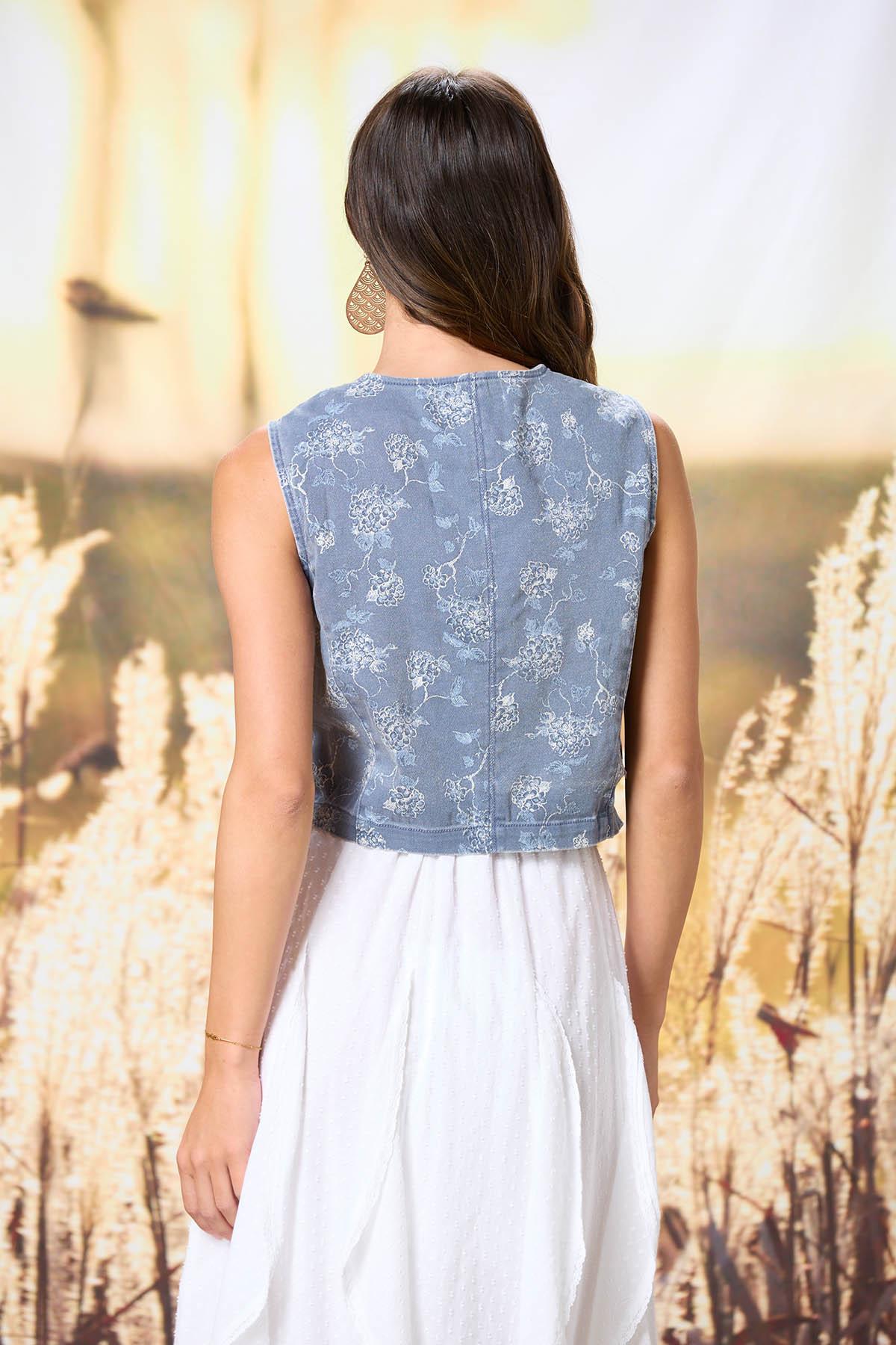 floral dress with denim vest Peach Please Sleeveless Floral Midi Dress (Cream/Multi)