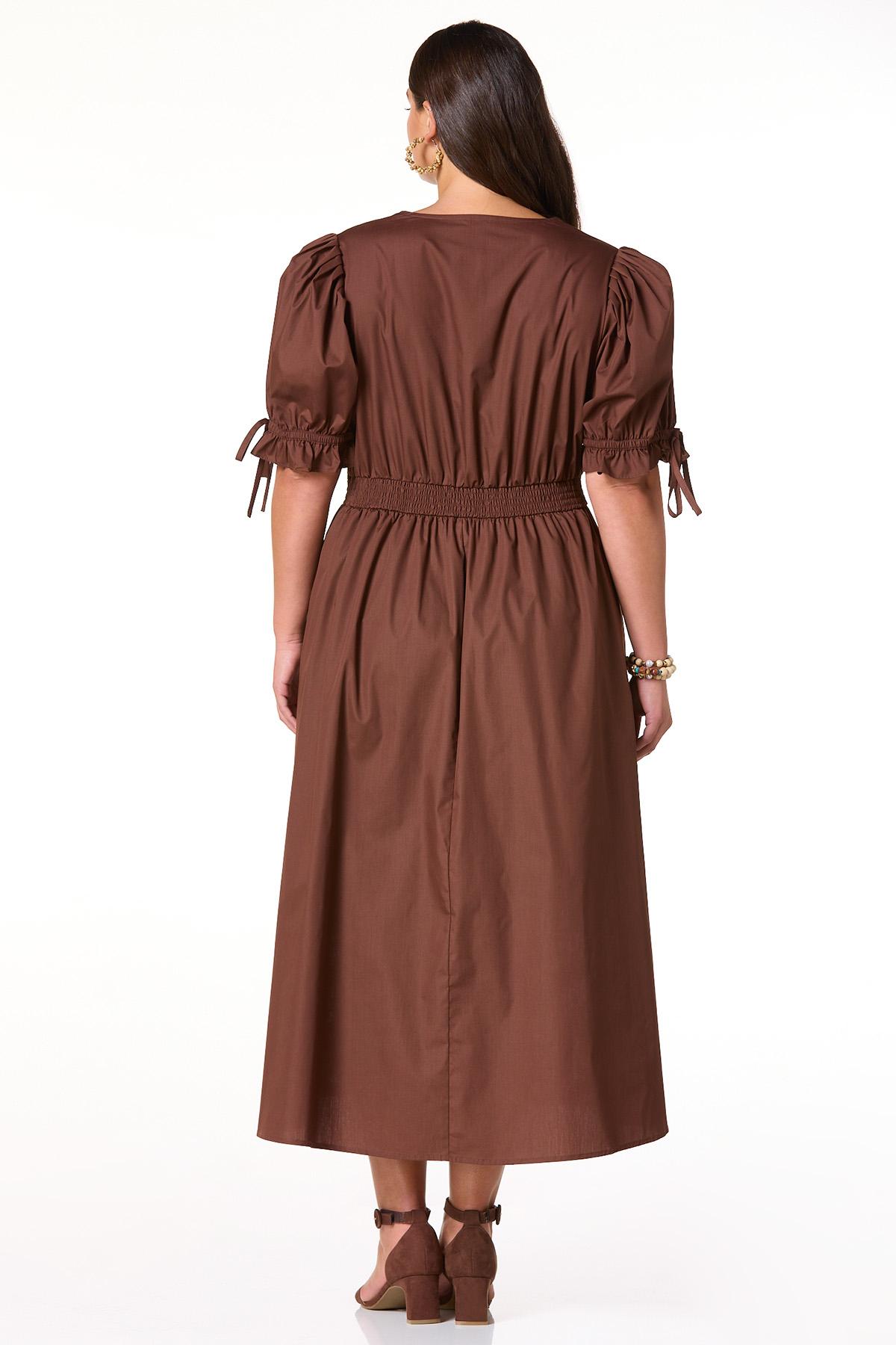 cato dress brown Thanks to the flexible design Brown puffy sleeves midi dress-CATO