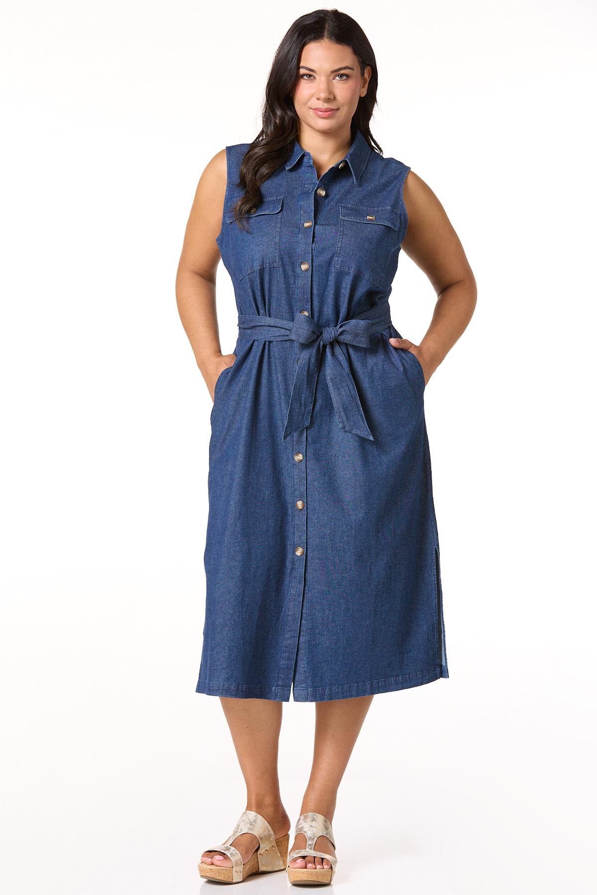 Plus Size Classic Belted Denim Midi Dress